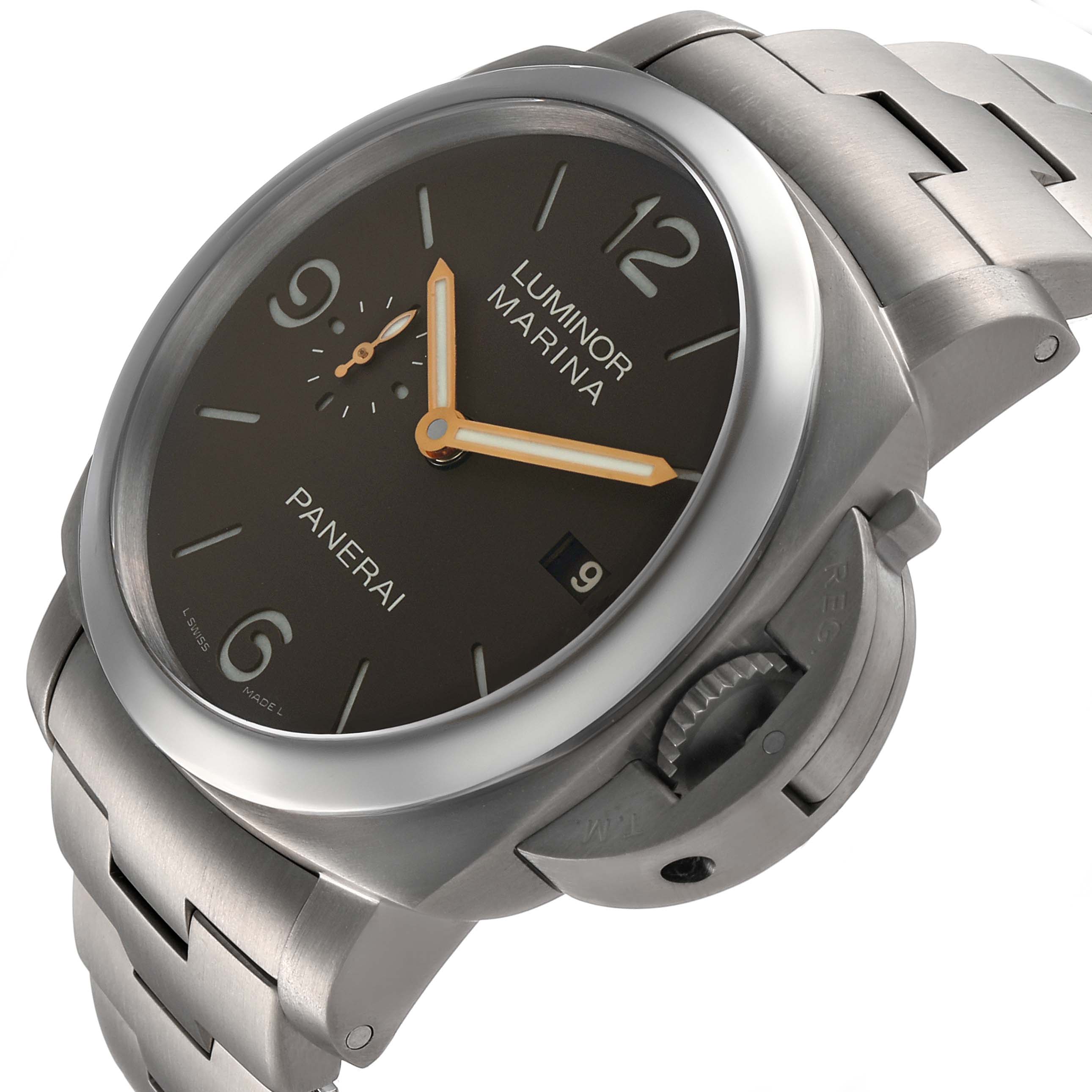 The Luminor model by Panerai is shown at an angled view, highlighting the dial, hands, crown guard, and bracelet.