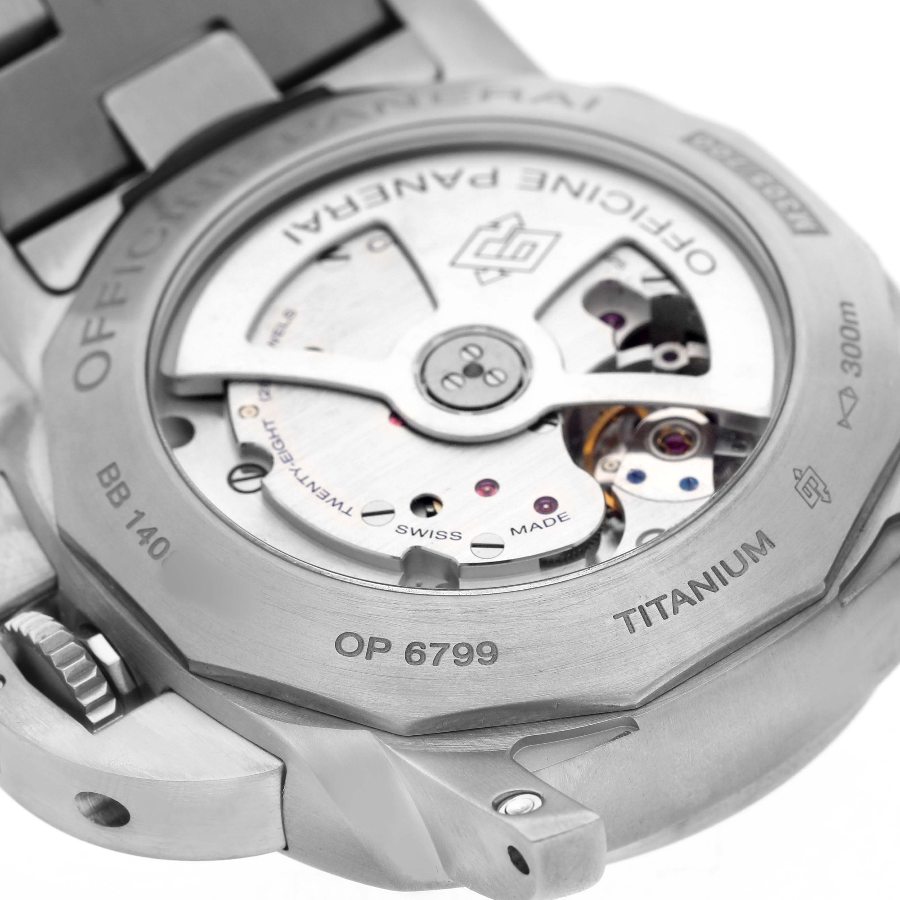 The image shows the back view of a Panerai Luminor PAM00352 Men's Titanium Brown Dial watch, highlighting its titanium case and Swiss-made movement.