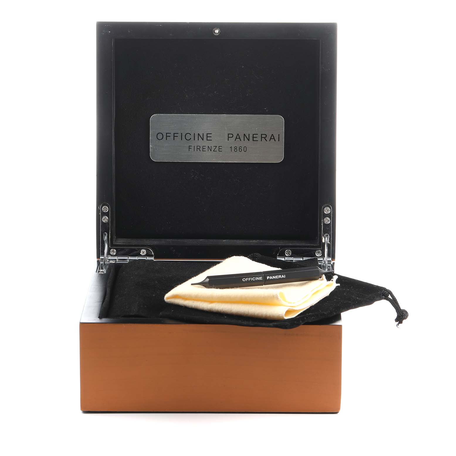 The image shows an open wooden box for a Panerai Luminor PAM00352 Men's Titanium Brown Dial watch, with a cleaning cloth and tool inside.