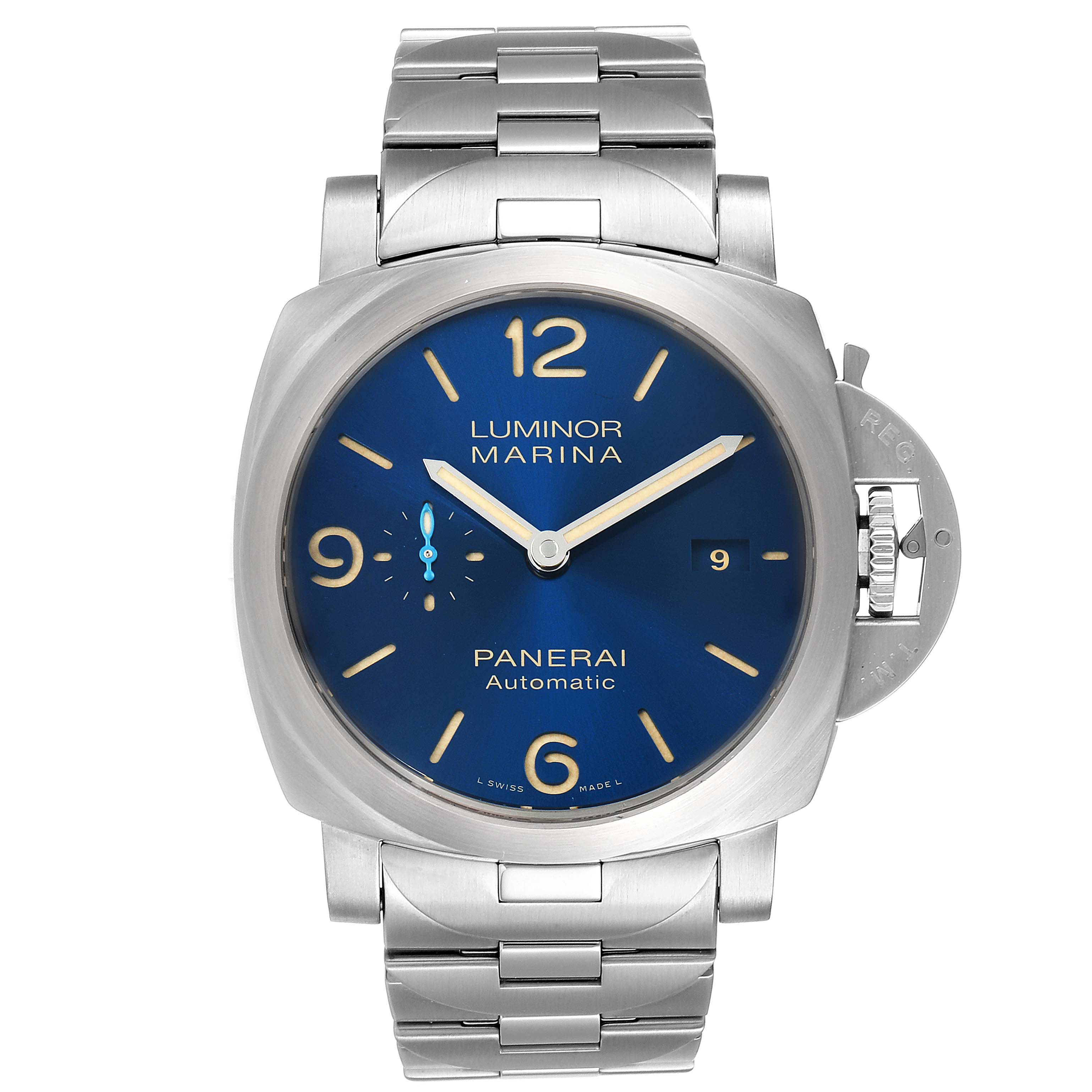 This image shows a front view of a Panerai Luminor PAM01058 Men's Stainless Steel Blue Dial PAM01058 Men's Stainless Steel Blue Dial Marina watch, highlighting its blue dial, stainless steel bracelet, and crown guard.