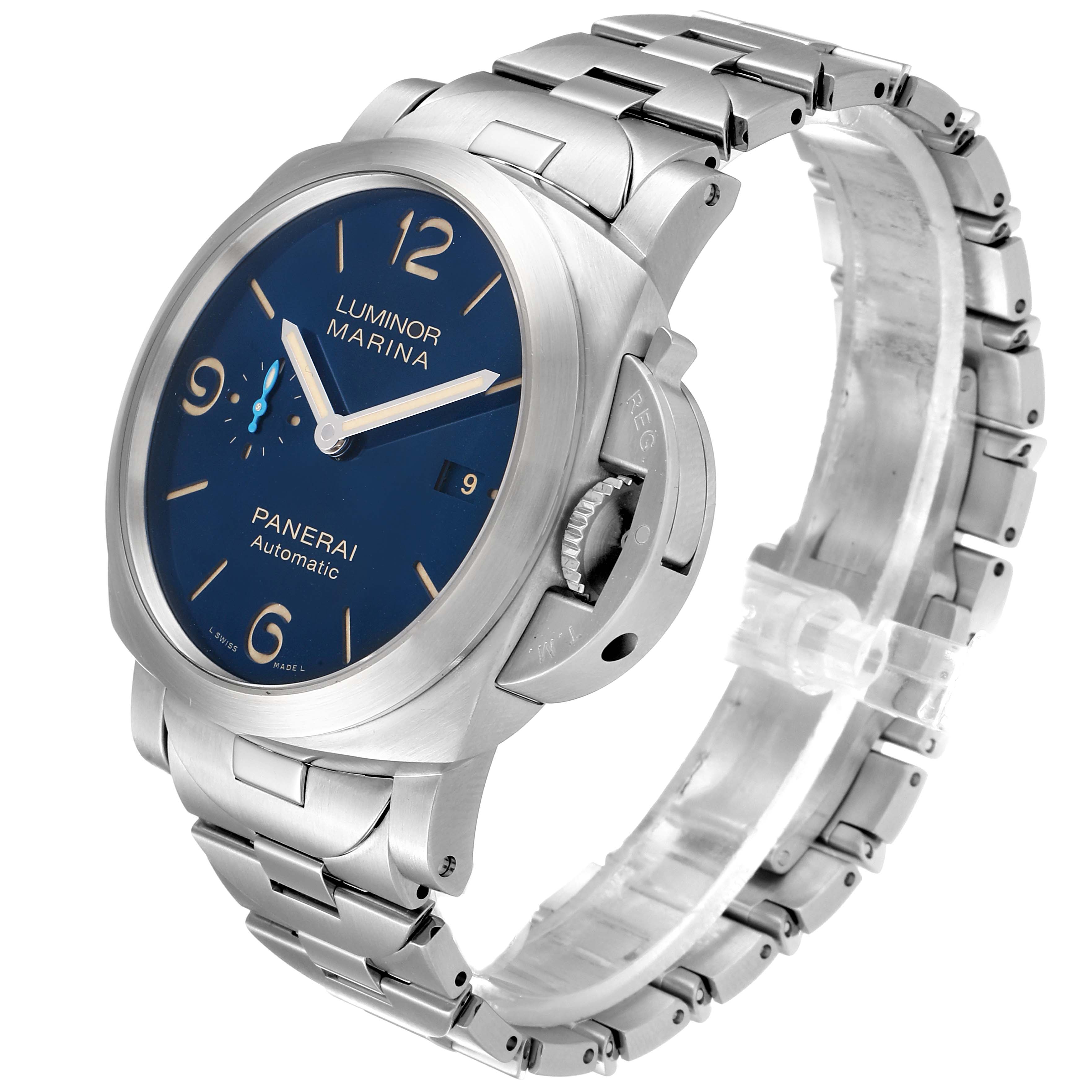 The image shows a Panerai Luminor PAM01058 Men's Stainless Steel Blue Dial PAM01058 Men's Stainless Steel Blue Dial Marina watch at a 3/4 angle, highlighting its face, crown guard, and stainless steel bracelet.