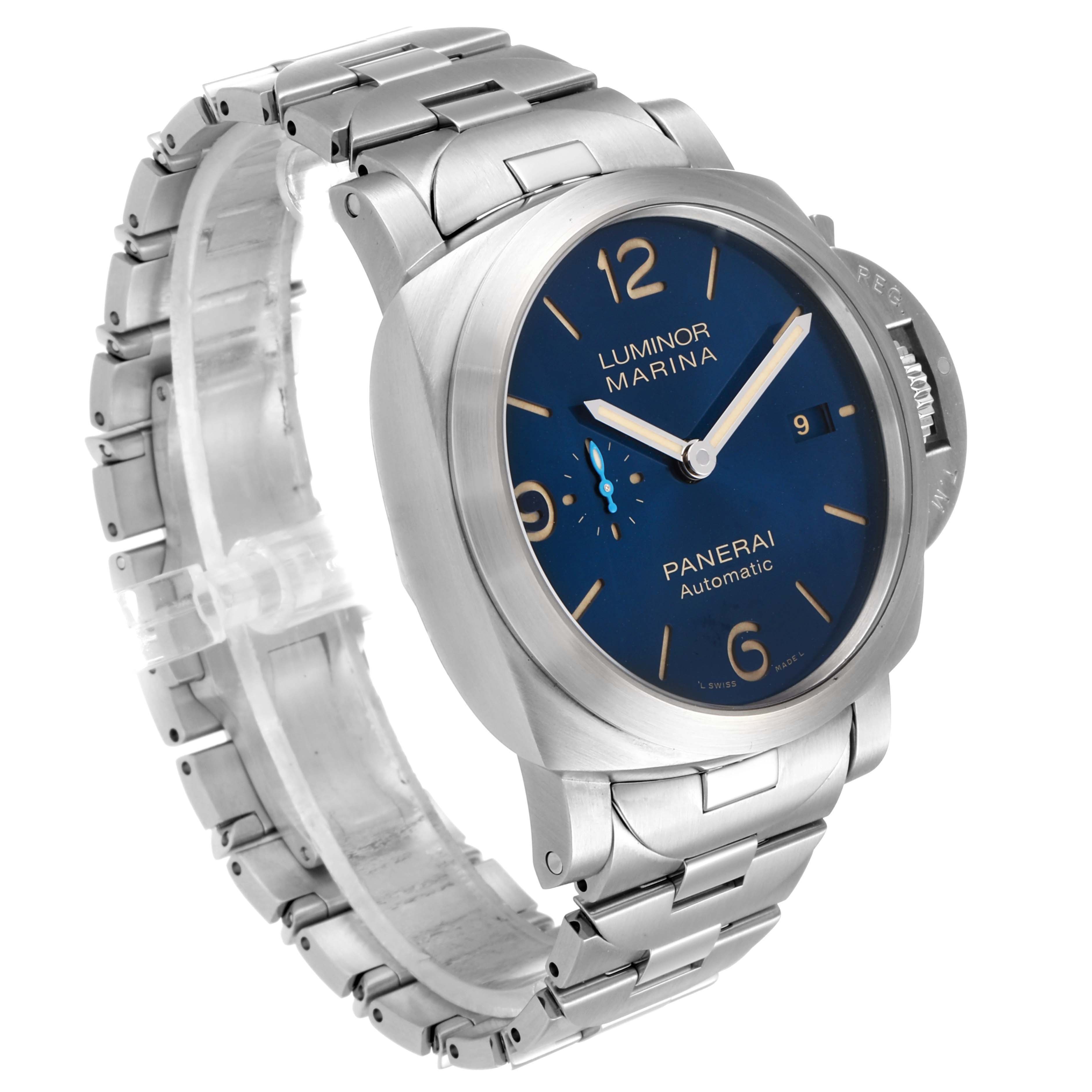 This image shows a Panerai Luminor PAM01058 Men's Stainless Steel Blue Dial PAM01058 Men's Stainless Steel Blue Dial Marina watch at a three-quarter angle, highlighting the watch face, case, and bracelet.
