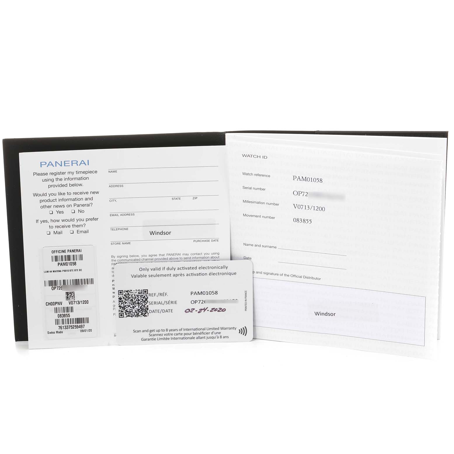 The image shows documentation and warranty cards for the Luminor model by Panerai, displayed on a flat surface.