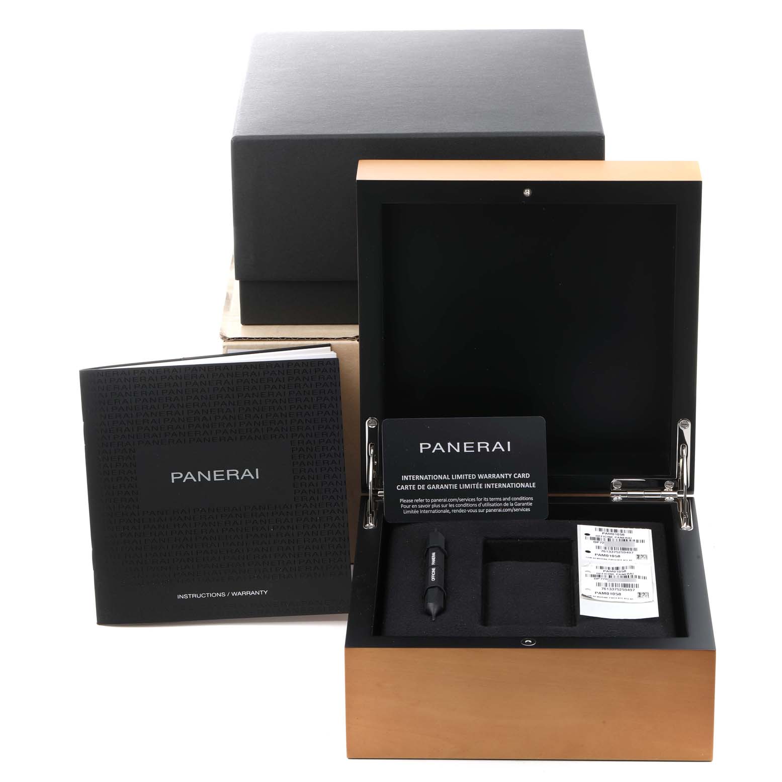The image shows the packaging and accessories of a Panerai Luminor PAM01058 Men's Stainless Steel Blue Dial PAM01058 Men's Stainless Steel Blue Dial watch, including its box, warranty card, and instruction manual.
