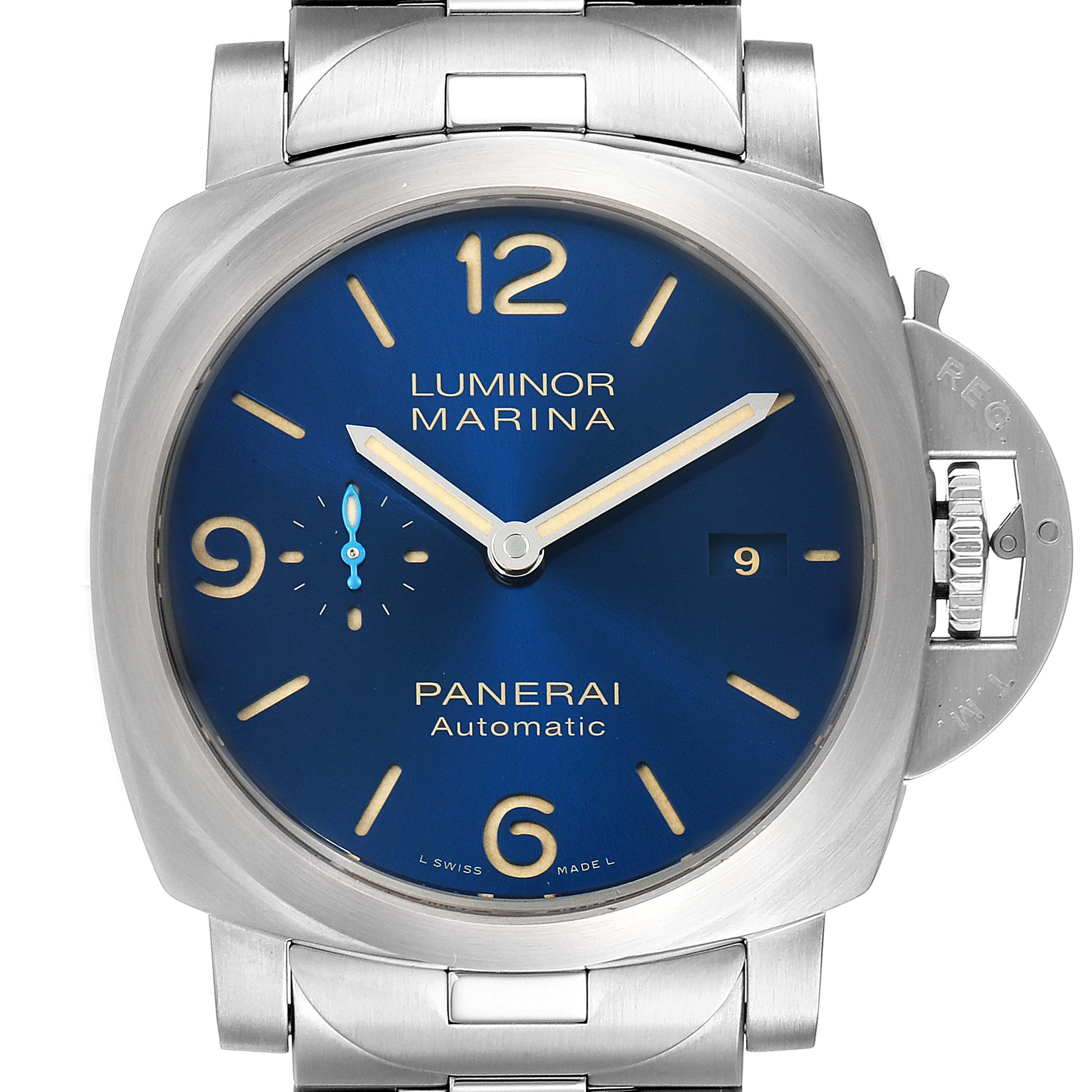 This image shows a frontal view of the Panerai Luminor PAM01058 Men's Stainless Steel Blue Dial PAM01058 Men's Stainless Steel Blue Dial watch, showcasing its blue dial, hour markers, and signature crown guard.
