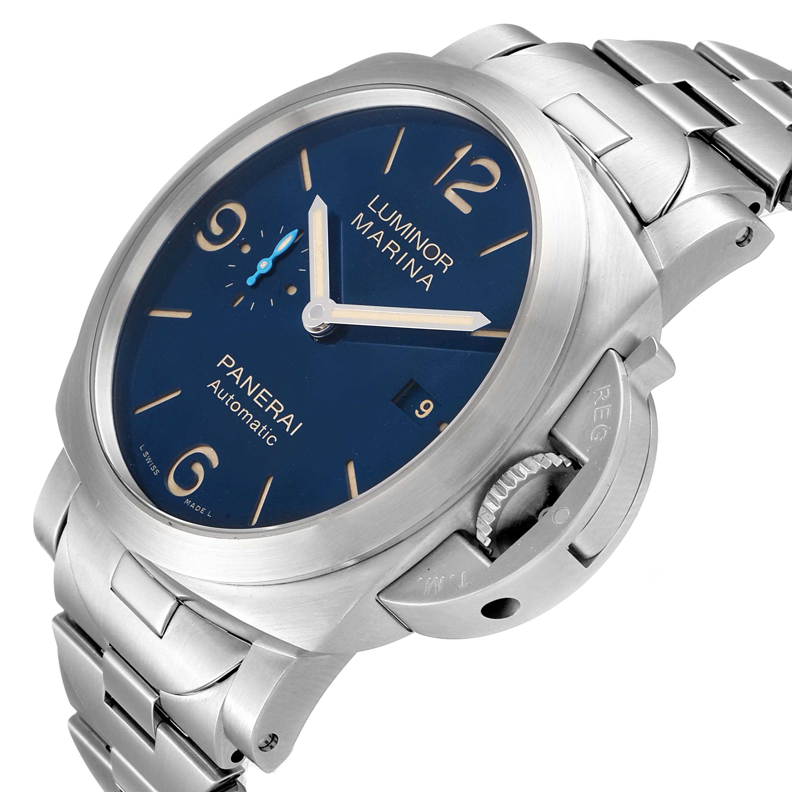 The image shows a Panerai Luminor PAM01058 Men's Stainless Steel Blue Dial PAM01058 Men's Stainless Steel Blue Dial Marina watch from an angled view, highlighting its dial, bezel, crown guard, and metal bracelet.