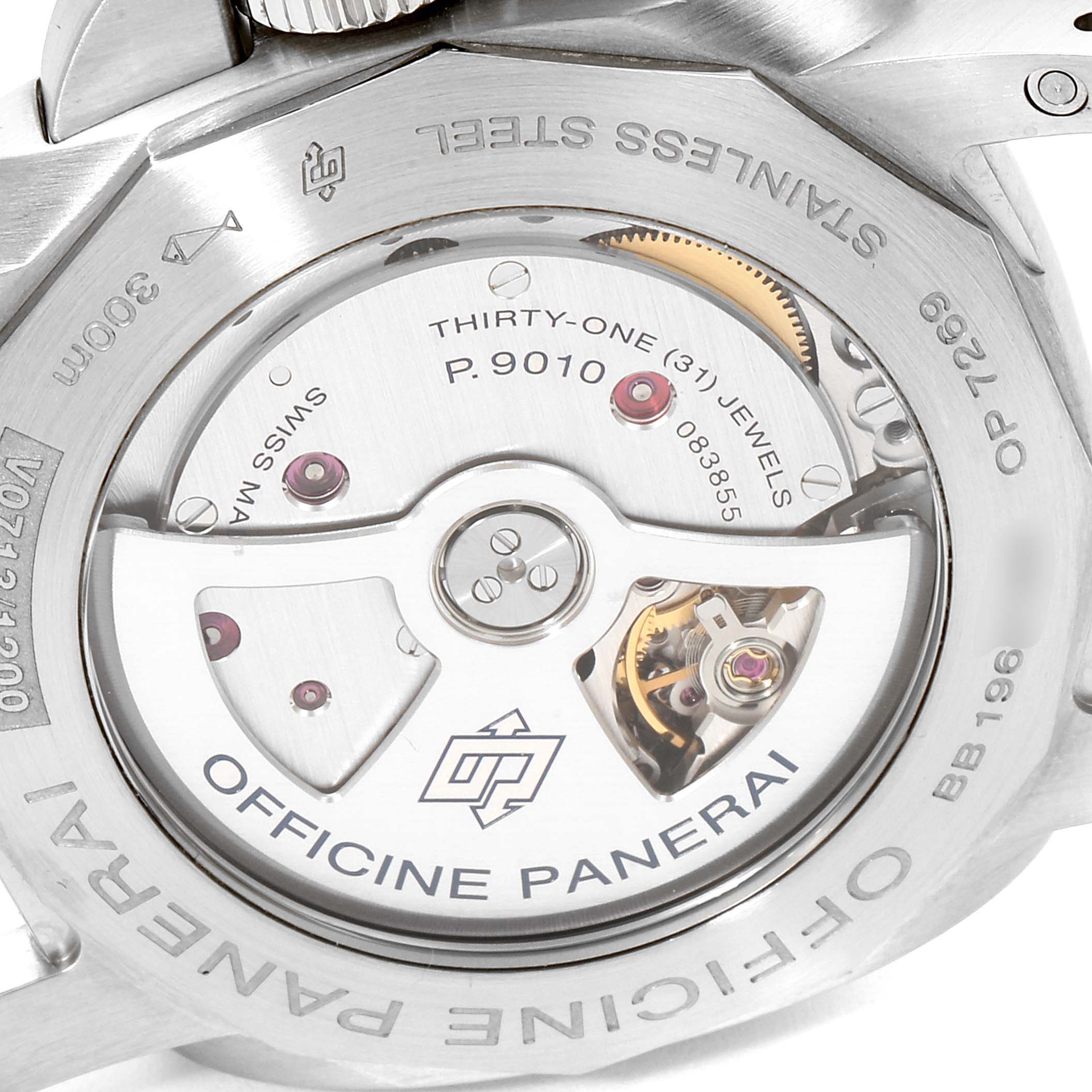 The image shows the back view of the Panerai Luminor PAM01058 Men's Stainless Steel Blue Dial PAM01058 Men's Stainless Steel Blue Dial watch, revealing its open caseback and internal movement mechanism.