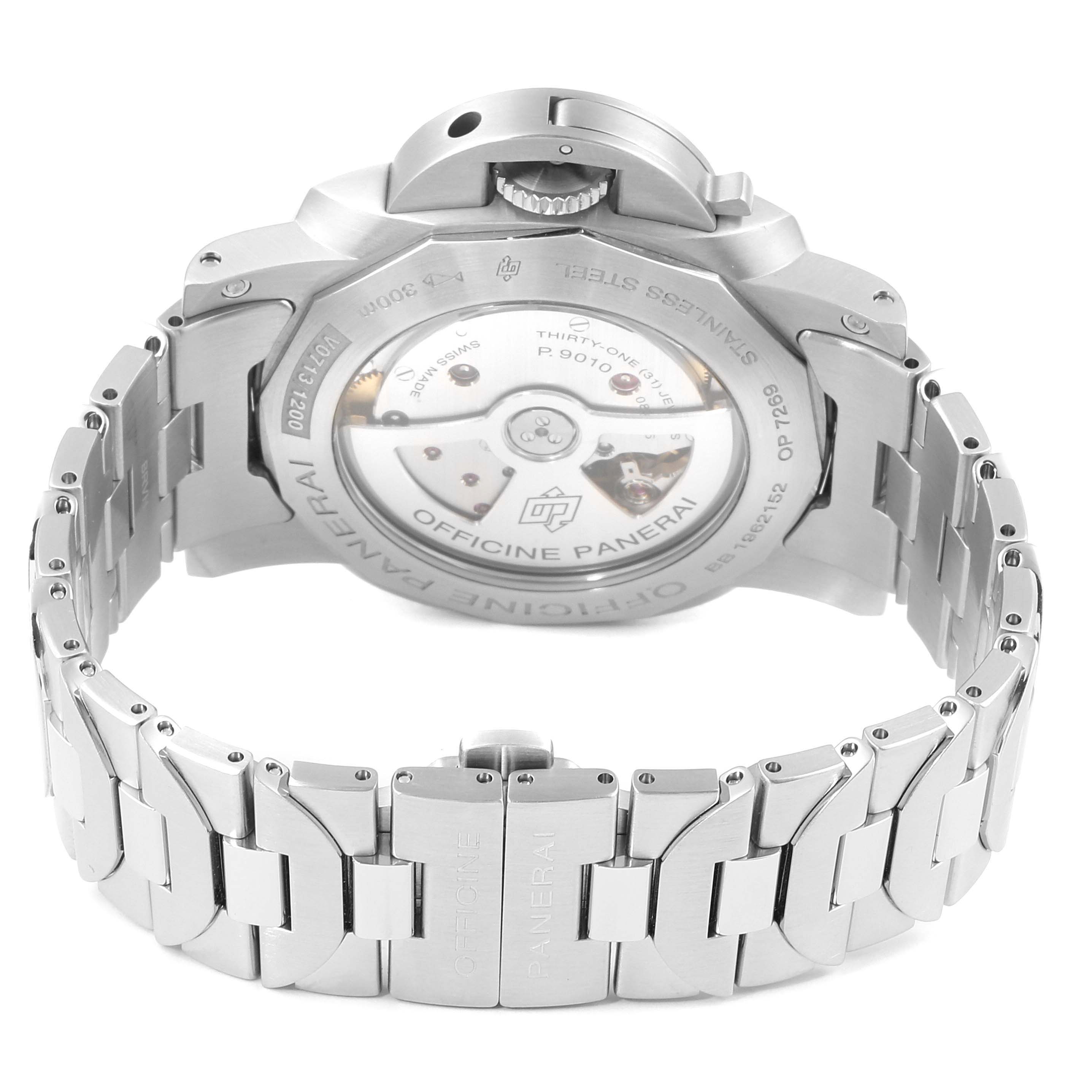 The image shows the back view of a Panerai Luminor PAM01058 Men's Stainless Steel Blue Dial PAM01058 Men's Stainless Steel Blue Dial watch, highlighting the stainless steel case, transparent case back, and bracelet.