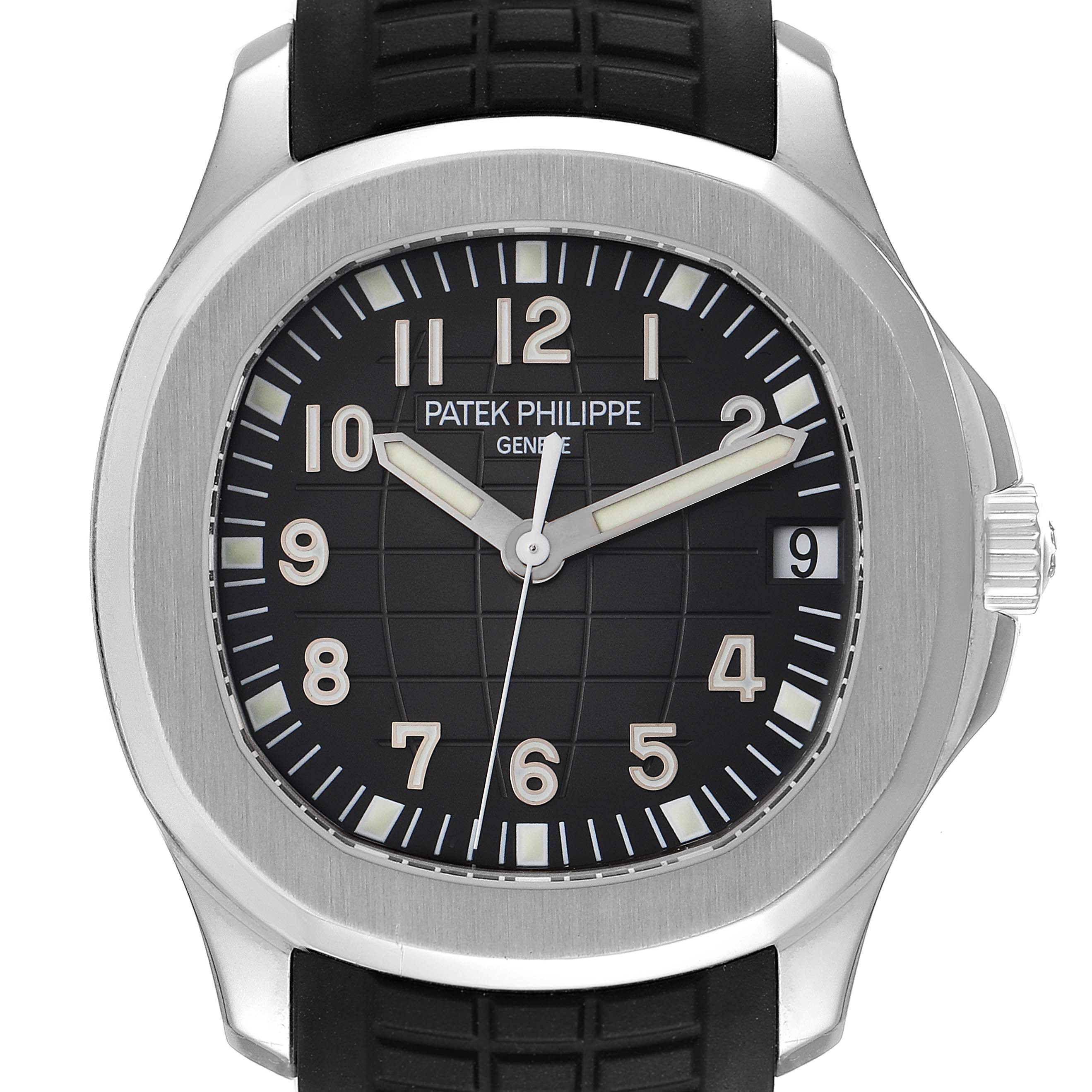 This image shows a frontal view of a Patek Philippe Aquanaut 5165A-00 Men's Stainless Steel Black Dial 5165A-00 Men's Stainless Steel Black Dial watch, highlighting its dial, case, and crown.