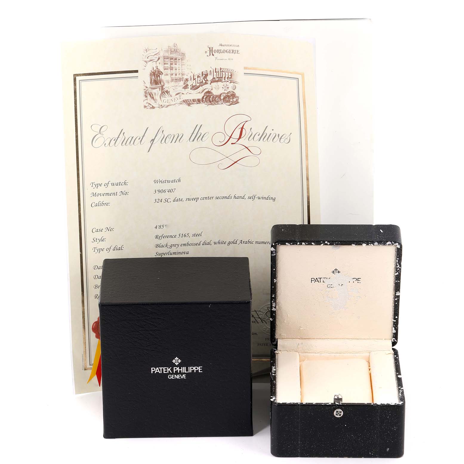 The image shows the Patek Philippe Aquanaut 5165A-00 Men's Stainless Steel Black Dial 5165A-00 Men's Stainless Steel Black Dial watch box, its open interior, and accompanying certification documents.