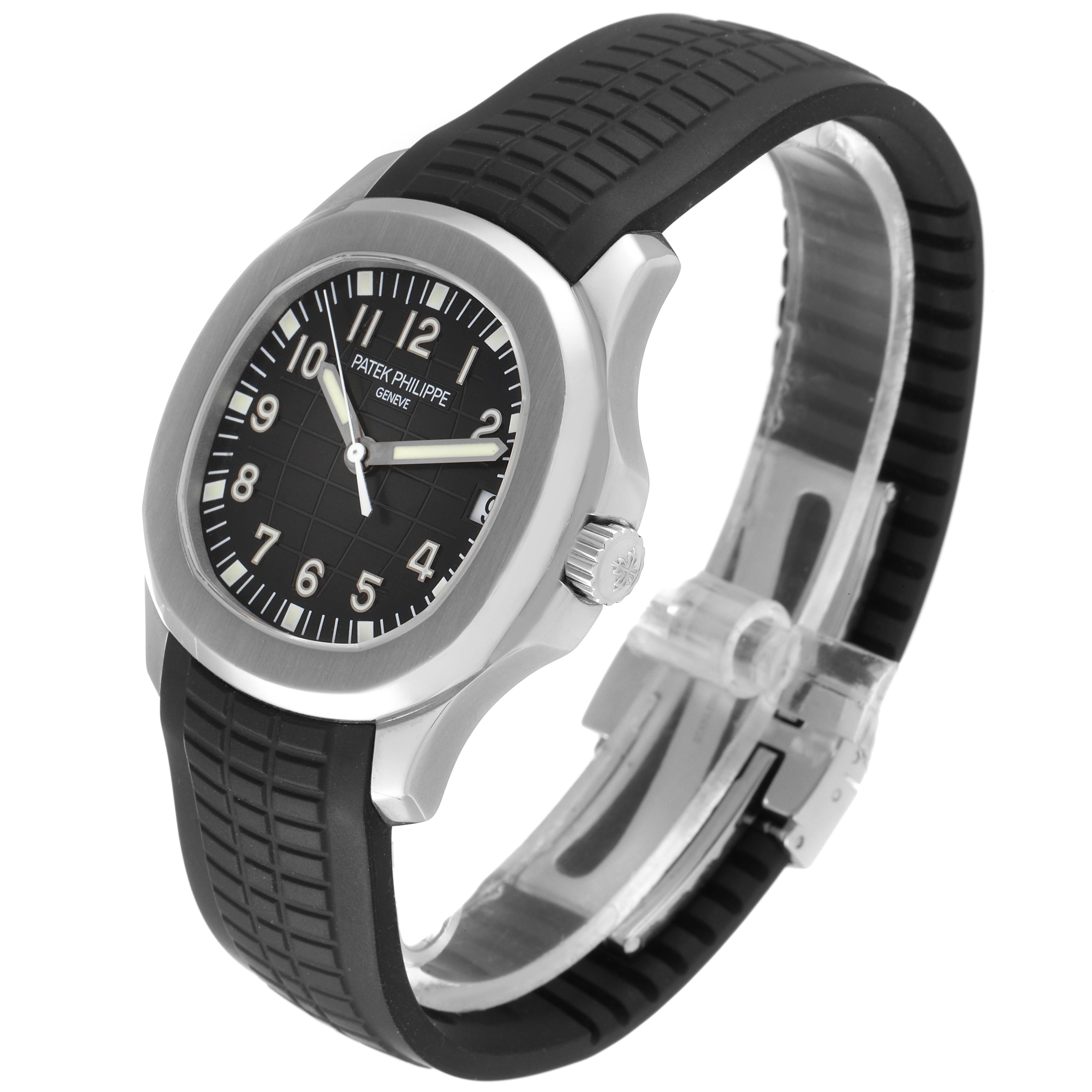 The Patek Philippe Aquanaut 5165A-00 Men's Stainless Steel Black Dial 5165A-00 Men's Stainless Steel Black Dial watch is shown at a three-quarter angle, displaying the face, case, crown, and strap.