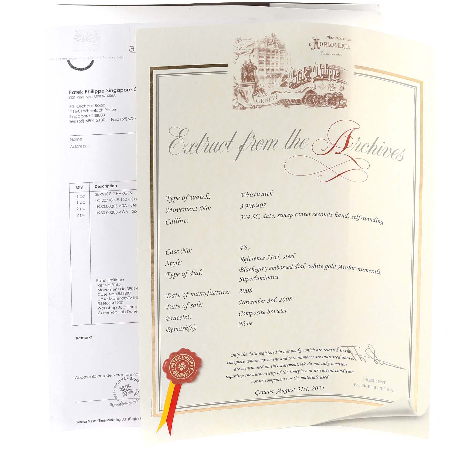 The image shows an "Extract from the Archives" document for a Patek Philippe Aquanaut 5165A-00 Men's Stainless Steel Black Dial 5165A-00 Men's Stainless Steel Black Dial watch, detailing its specifications.