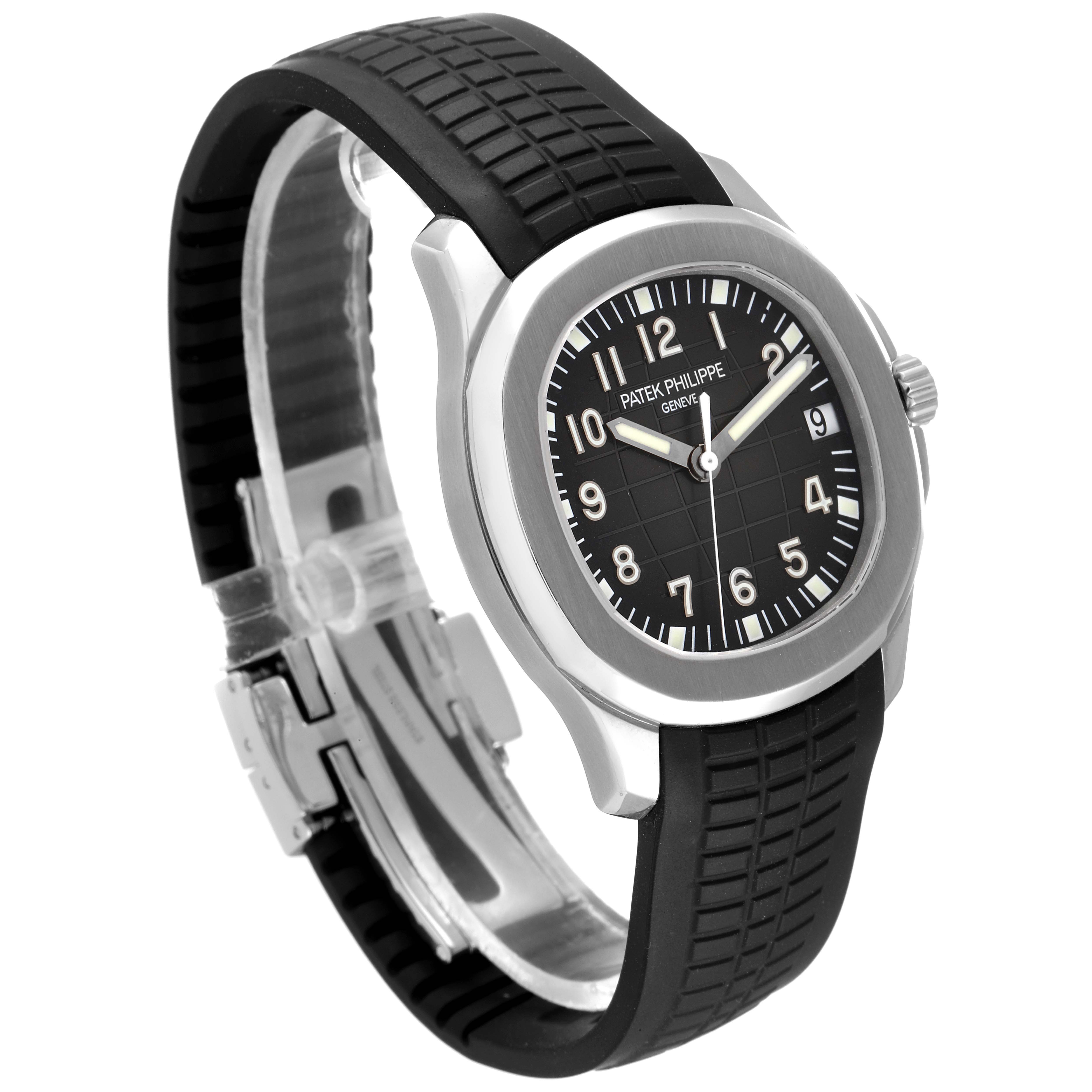 The image shows a Patek Philippe Aquanaut 5165A-00 Men's Stainless Steel Black Dial 5165A-00 Men's Stainless Steel Black Dial watch at a three-quarter angle, highlighting its black rubber strap and stainless steel case.