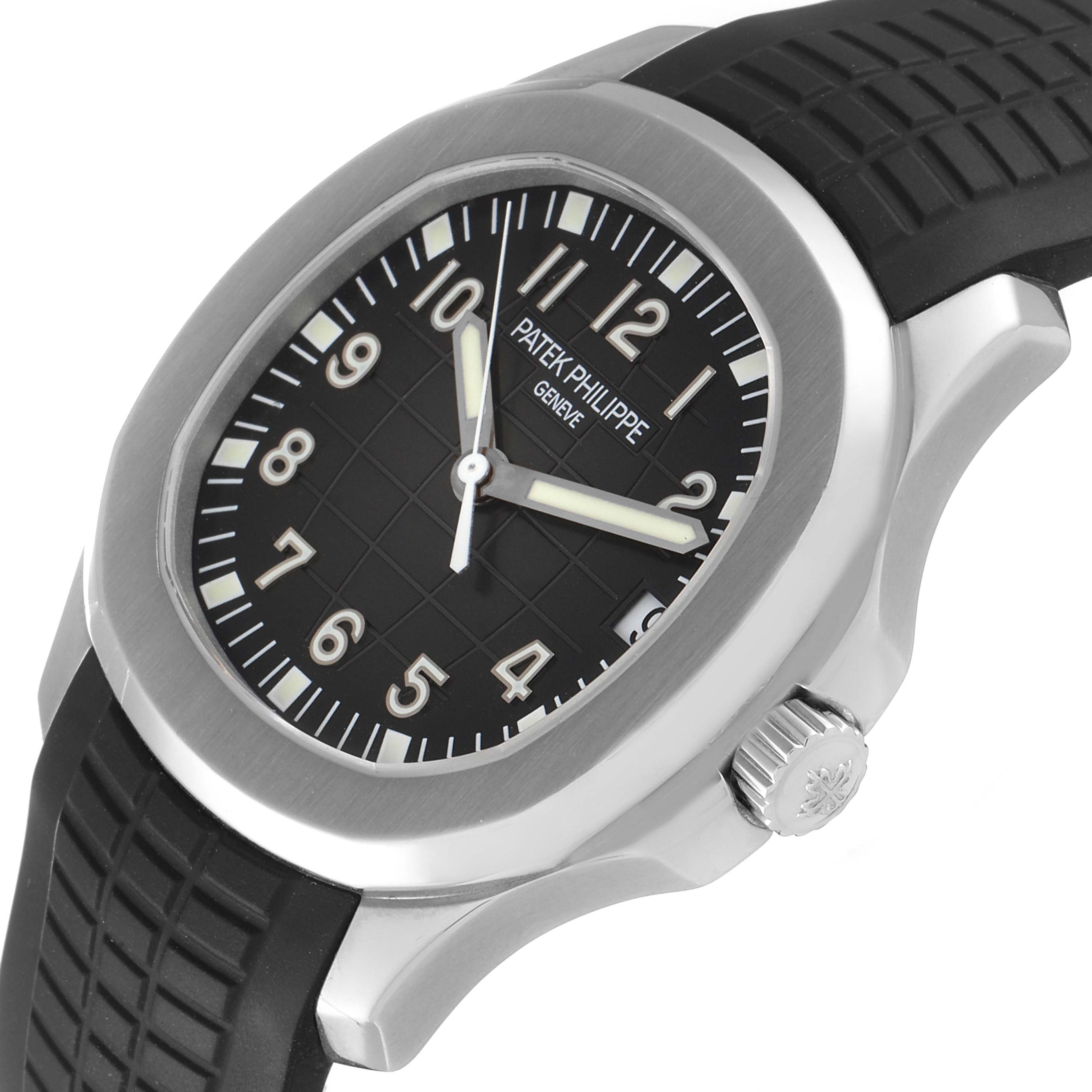 The image shows a close-up of the Patek Philippe Aquanaut 5165A-00 Men's Stainless Steel Black Dial 5165A-00 Men's Stainless Steel Black Dial watch face, crown, and part of the strap, captured from a slight side angle.