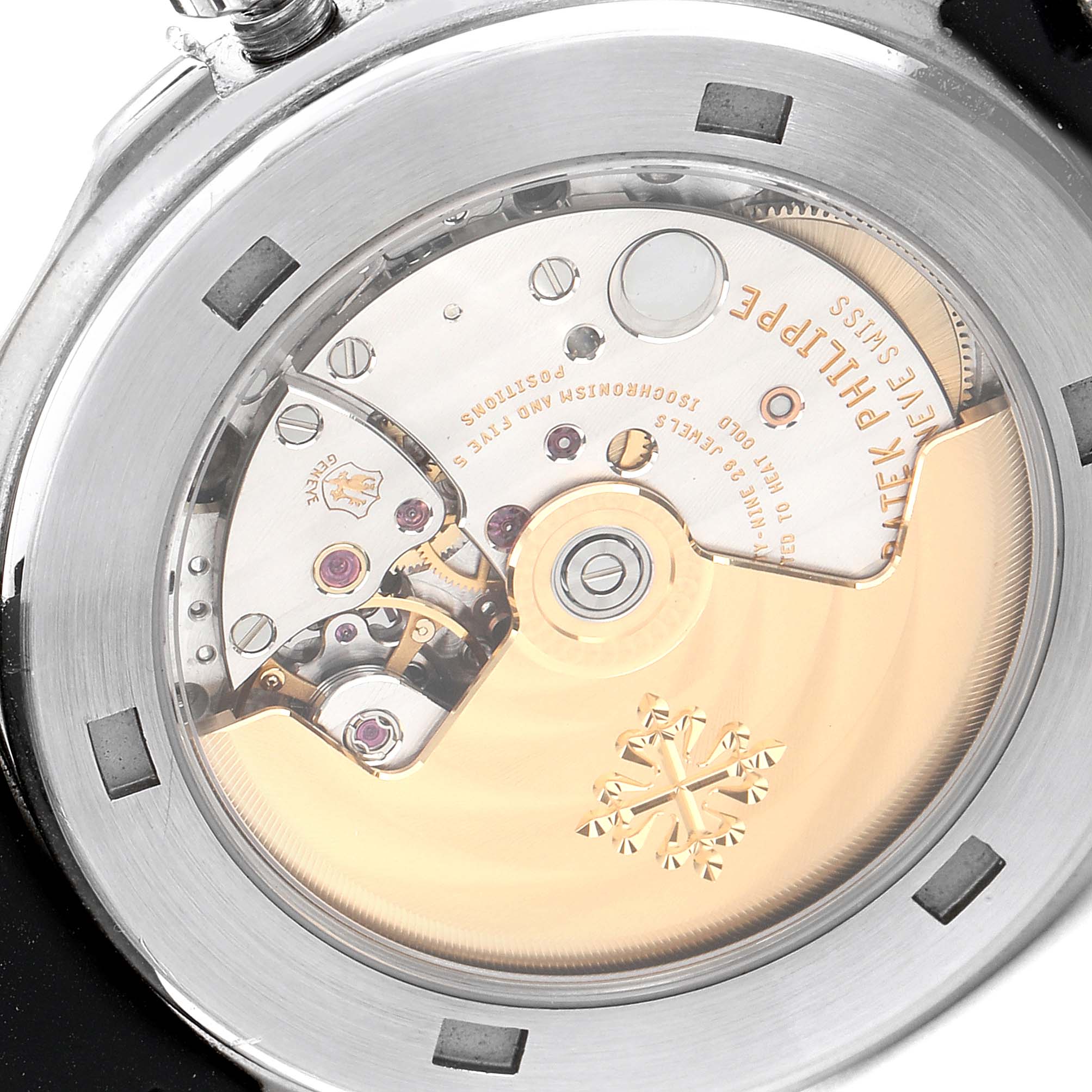 The image shows the back view of a Patek Philippe Aquanaut 5165A-00 Men's Stainless Steel Black Dial 5165A-00 Men's Stainless Steel Black Dial watch, highlighting its detailed mechanical movement.