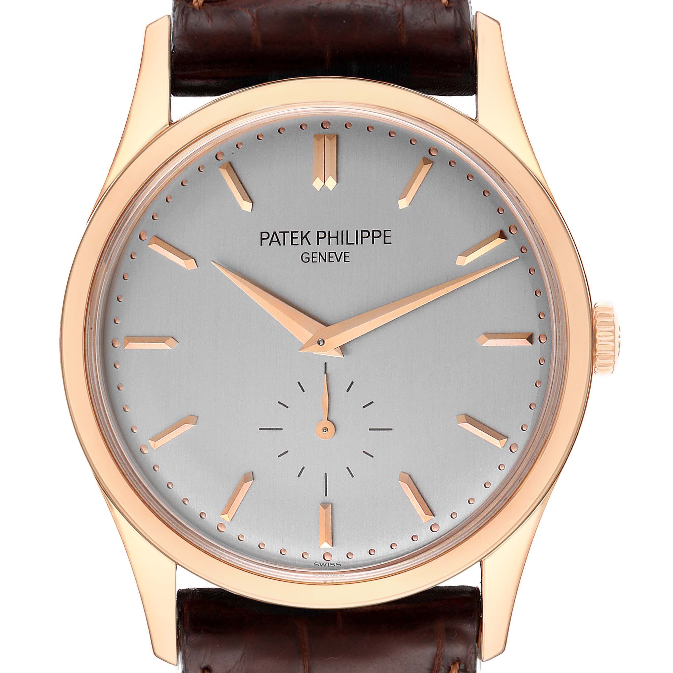 The image shows a front view of the Patek Philippe Calatrava 5196R Men's Rose Gold Silver Dial 5196R Men's Rose Gold Silver Dial watch with a silver dial, gold markers, and a brown leather strap.