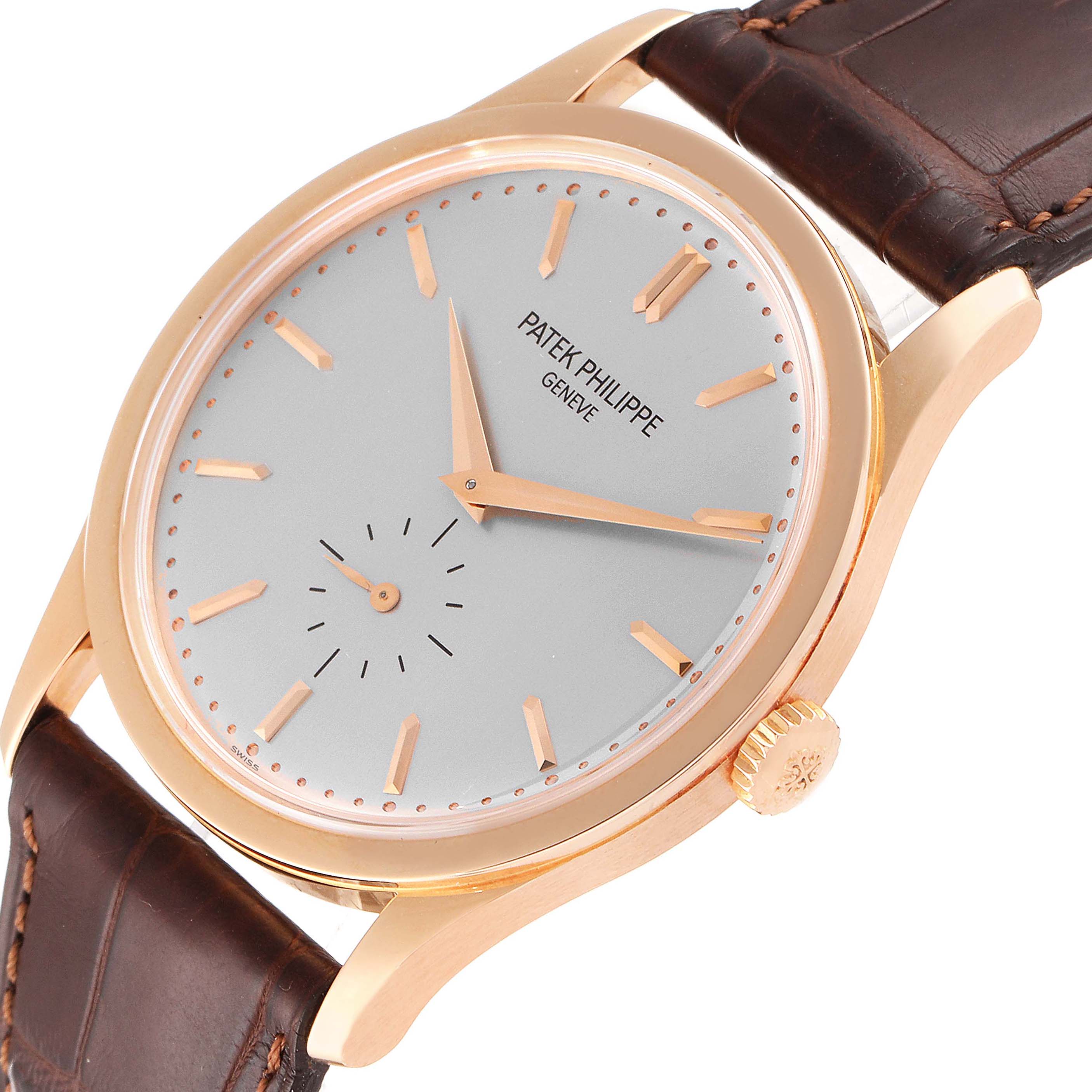 This image shows a close-up angle of the Patek Philippe Calatrava 5196R Men's Rose Gold Silver Dial 5196R Men's Rose Gold Silver Dial watch, highlighting the dial, hands, crown, and part of the leather strap.