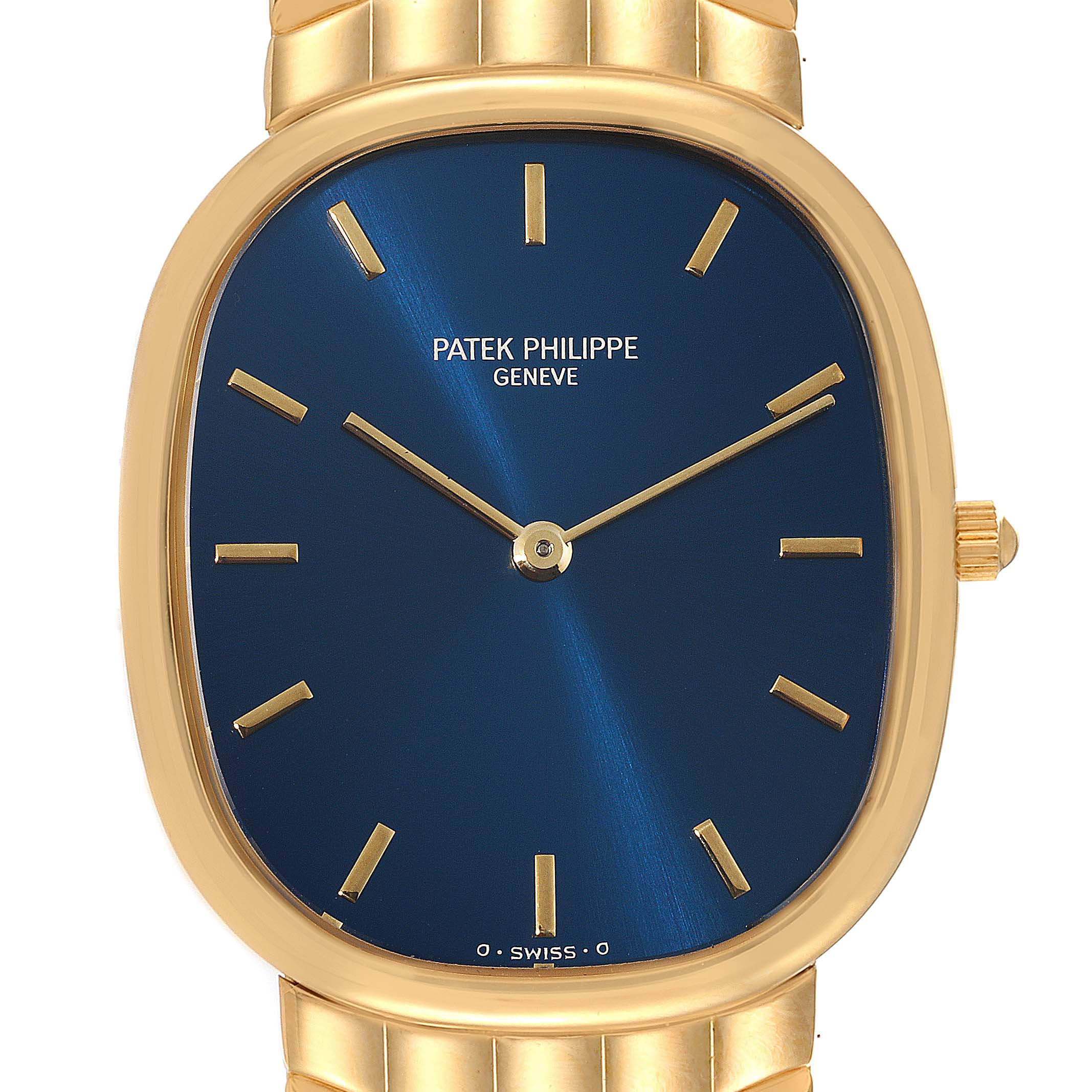The image displays a front view of the Patek Philippe Golden Ellipse 3738 Men's Yellow Gold Blue Dial 3738 Men's Yellow Gold Blue Dial watch, highlighting the blue dial and gold case.
