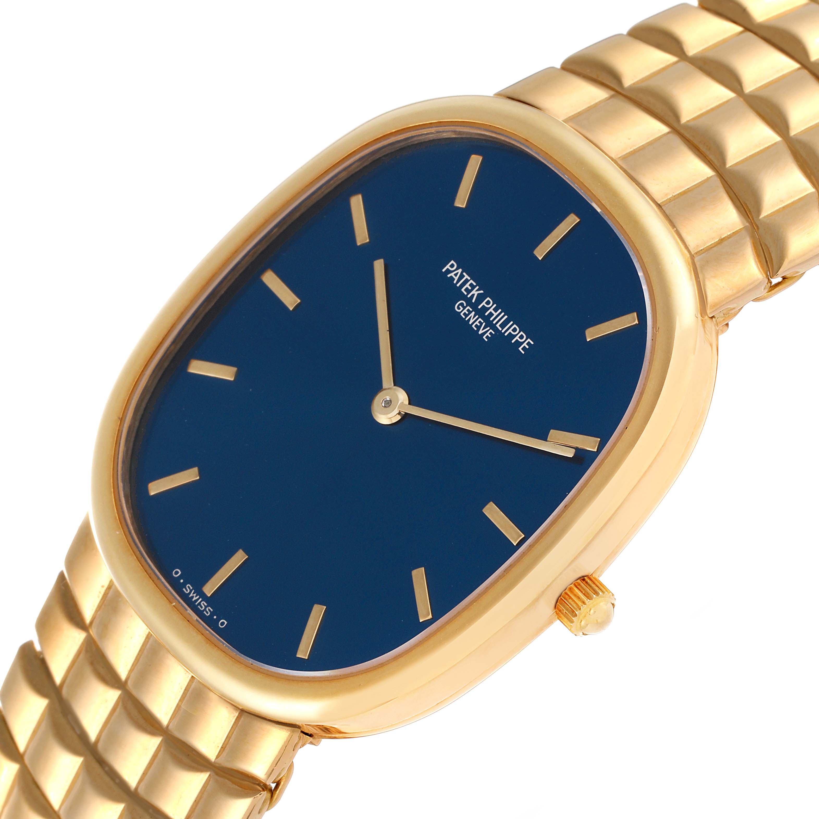 The image shows a frontal view of the Patek Philippe Golden Ellipse 3738 Men's Yellow Gold Blue Dial 3738 Men's Yellow Gold Blue Dial watch, highlighting its dial, hands, crown, and bracelet.
