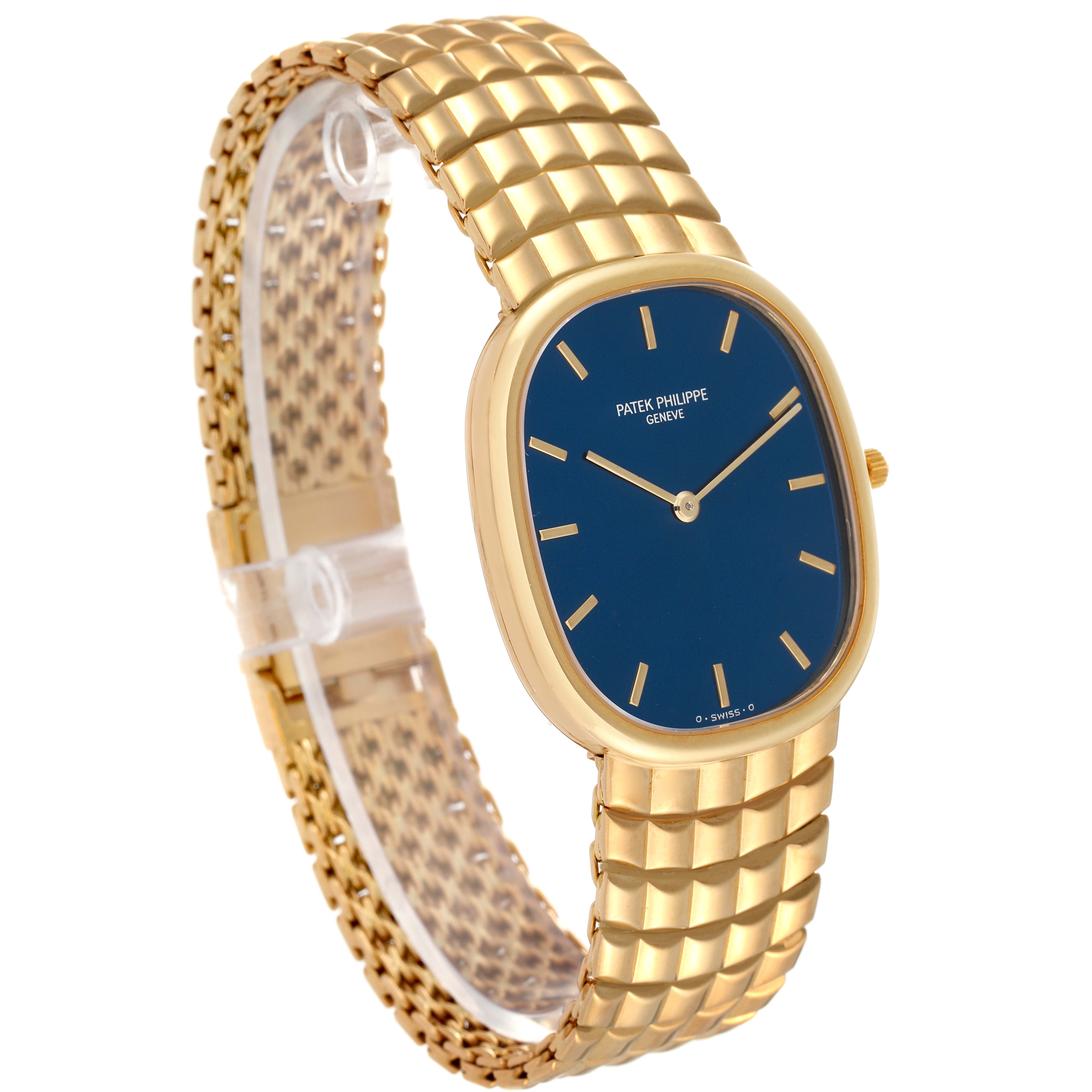 The Golden Ellipse model by Patek Philippe is shown at a front-left angle, highlighting the watch face and gold bracelet.