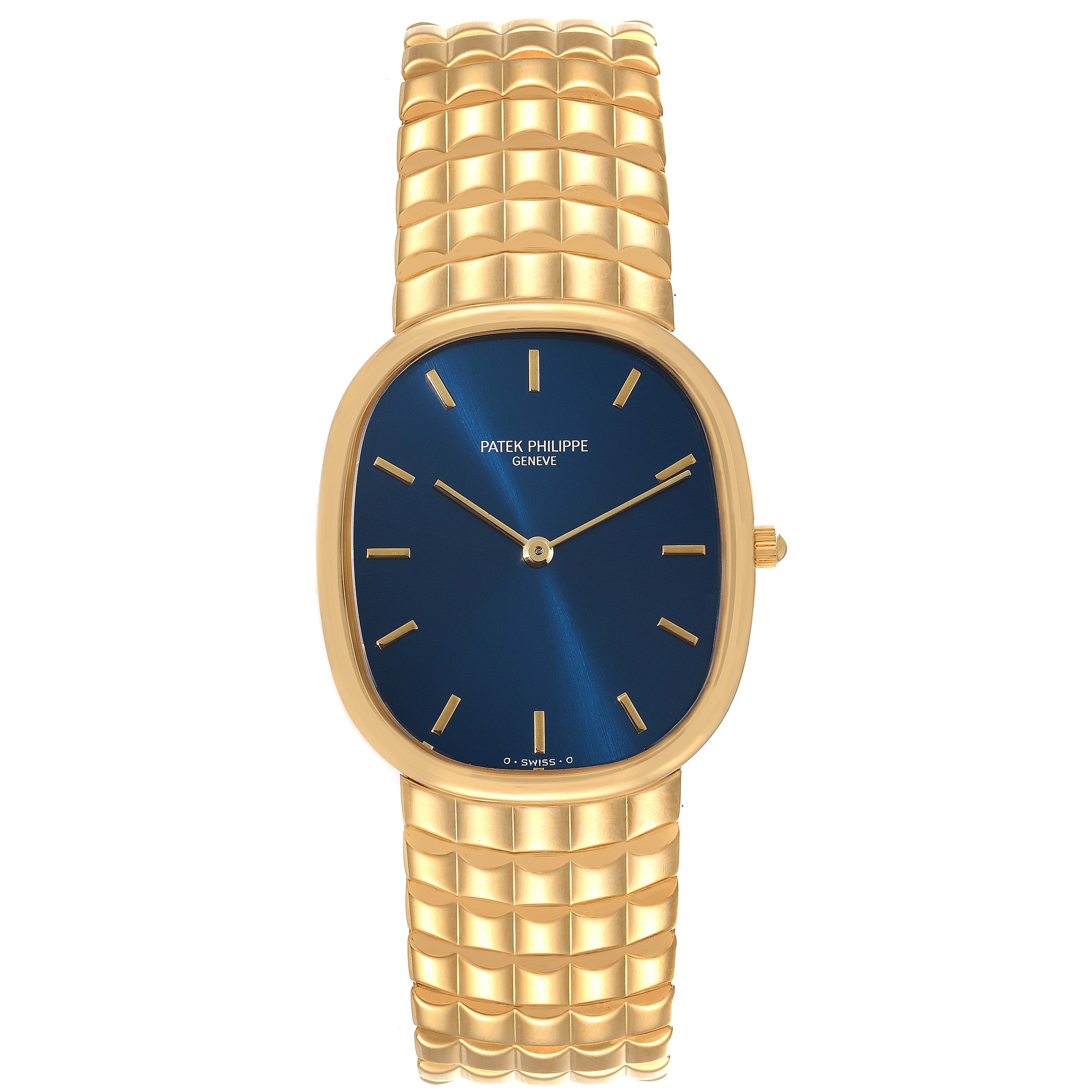 The image shows a front view of Patek Philippe's Golden Ellipse model, displaying its blue dial and golden bracelet.