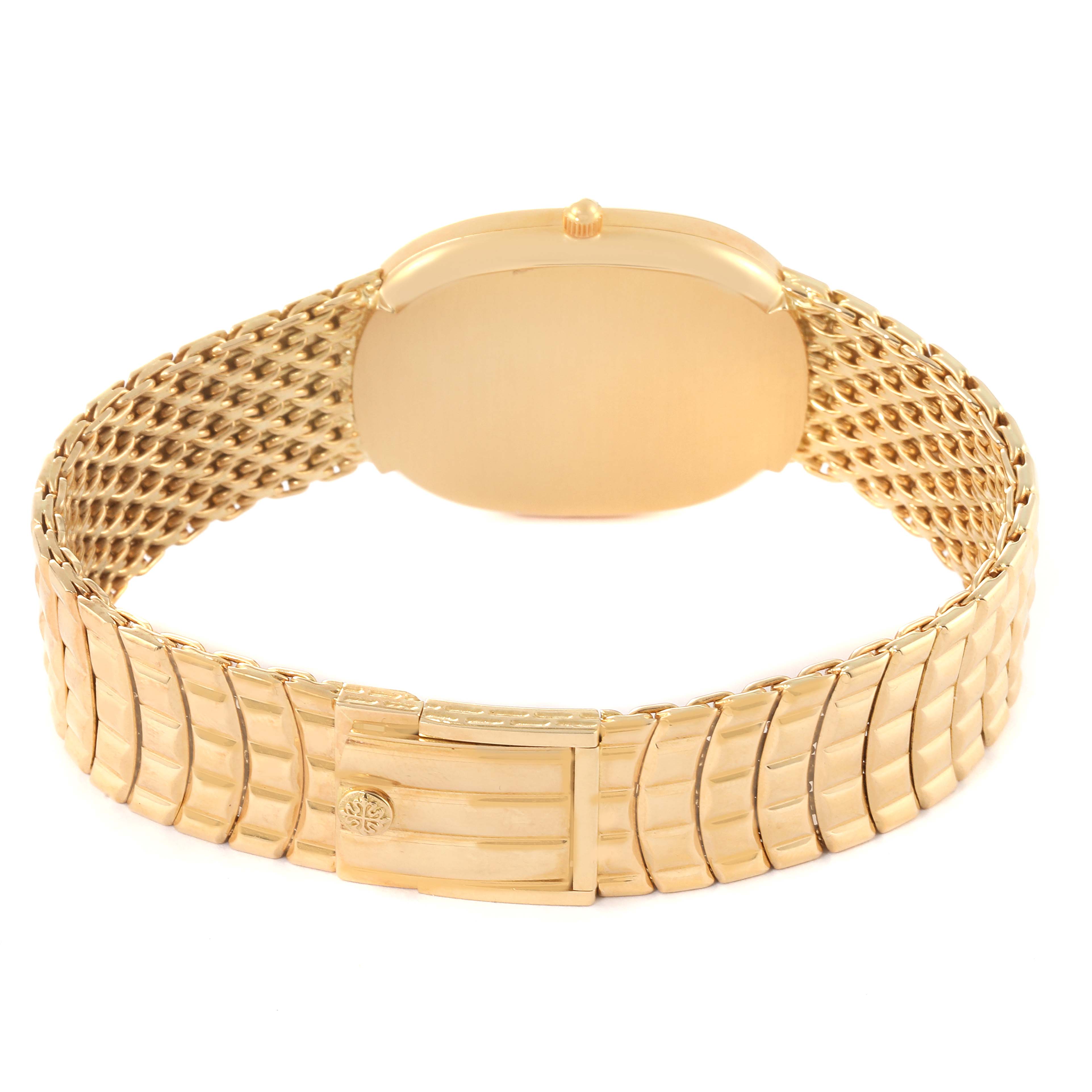 The image shows the back of the Patek Philippe Golden Ellipse 3738 Men's Yellow Gold Blue Dial 3738 Men's Yellow Gold Blue Dial watch, focusing on its golden bracelet and clasp.