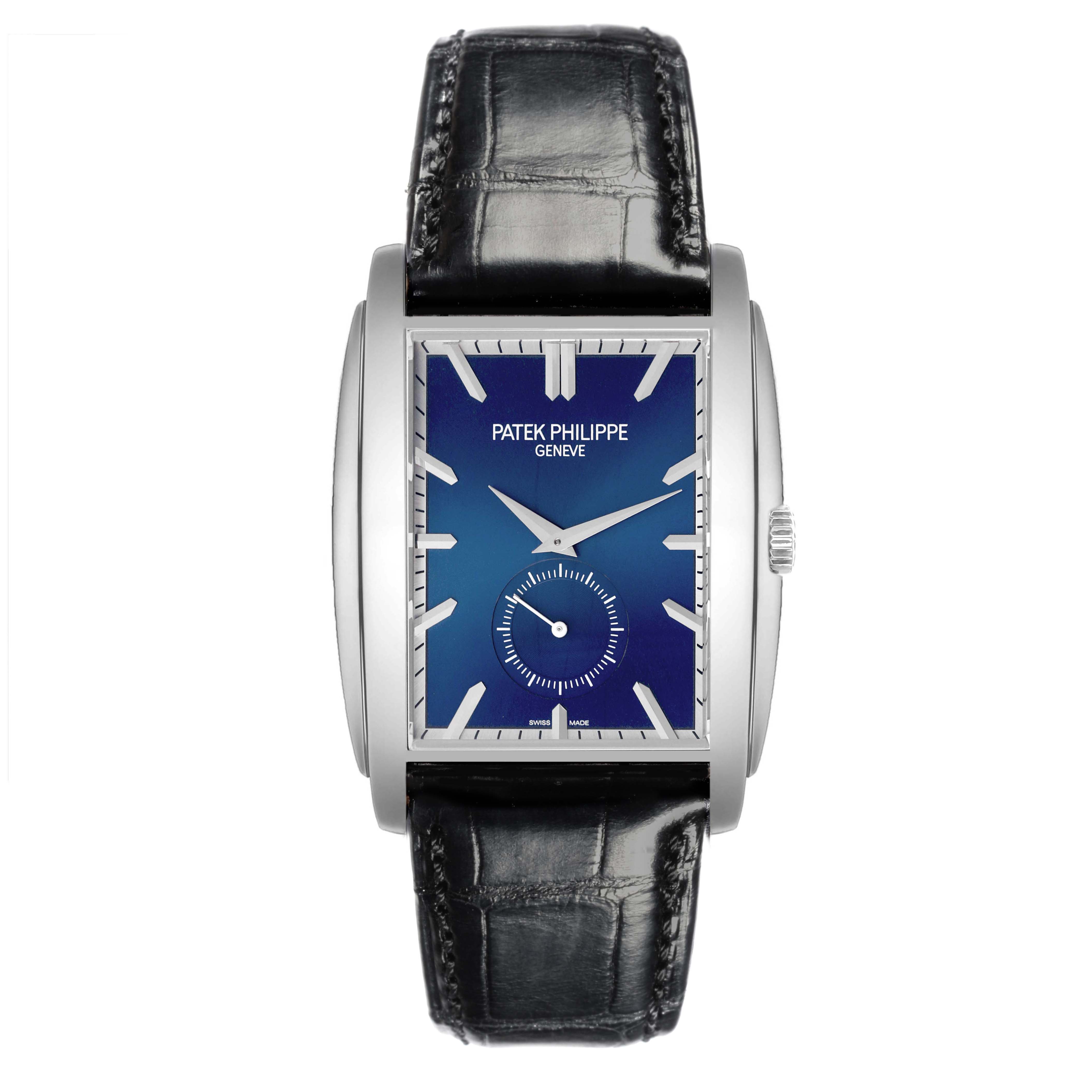 The Patek Philippe Gondolo 5124G-011 Men's White Gold Blue Dial 5124G-011 Men's White Gold Blue Dial watch is shown from a front angle, displaying its rectangular dial, hands, markers, and leather strap.