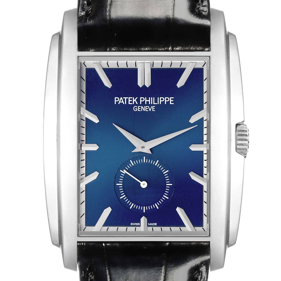 The Patek Philippe Gondolo watch is shown from a front angle, highlighting its rectangular case, blue dial, and leather strap.