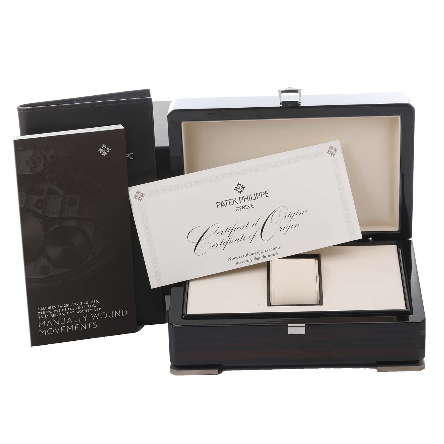 The image shows the Patek Philippe Gondolo 5124G-011 Men's White Gold Blue Dial 5124G-011 Men's White Gold Blue Dial watch box, an open case, a certificate, and accompanying booklets.