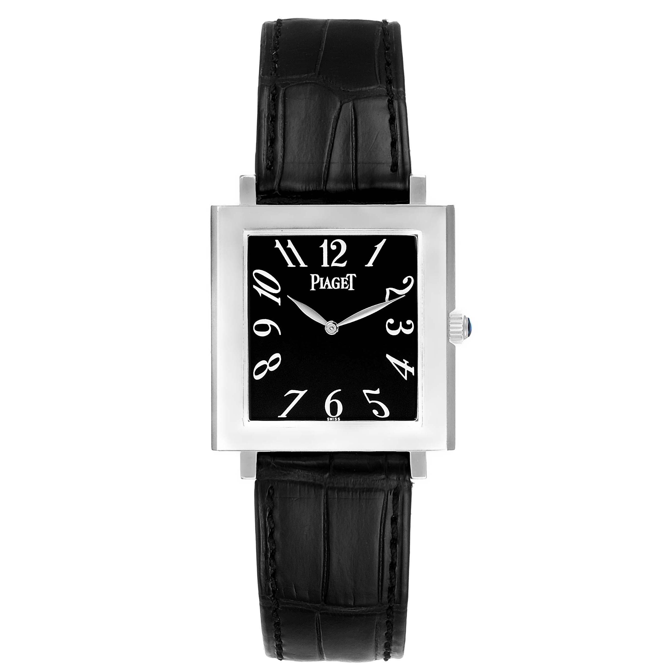 The image shows a front view of the Piaget 9930 Women's White Gold Black Dial 9930 Women's White Gold Black Dial Altiplano Ultra Thin 18K White Gold Black Dial Mens Watch 9930, displaying the dial, case, and strap.