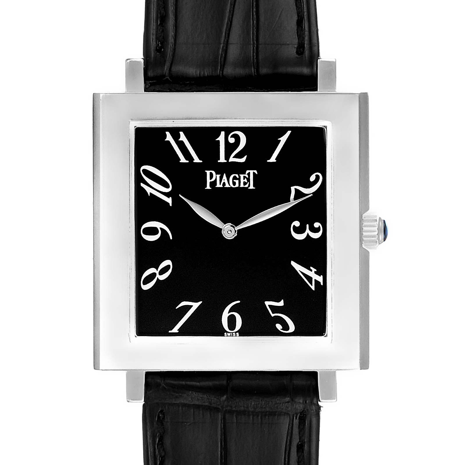This image shows the front view of the Piaget 9930 Women's White Gold Black Dial 9930 Women's White Gold Black Dial Altiplano Ultra Thin 18K White Gold Black Dial Men's Watch 9930 model, focusing on the dial, case, and strap.