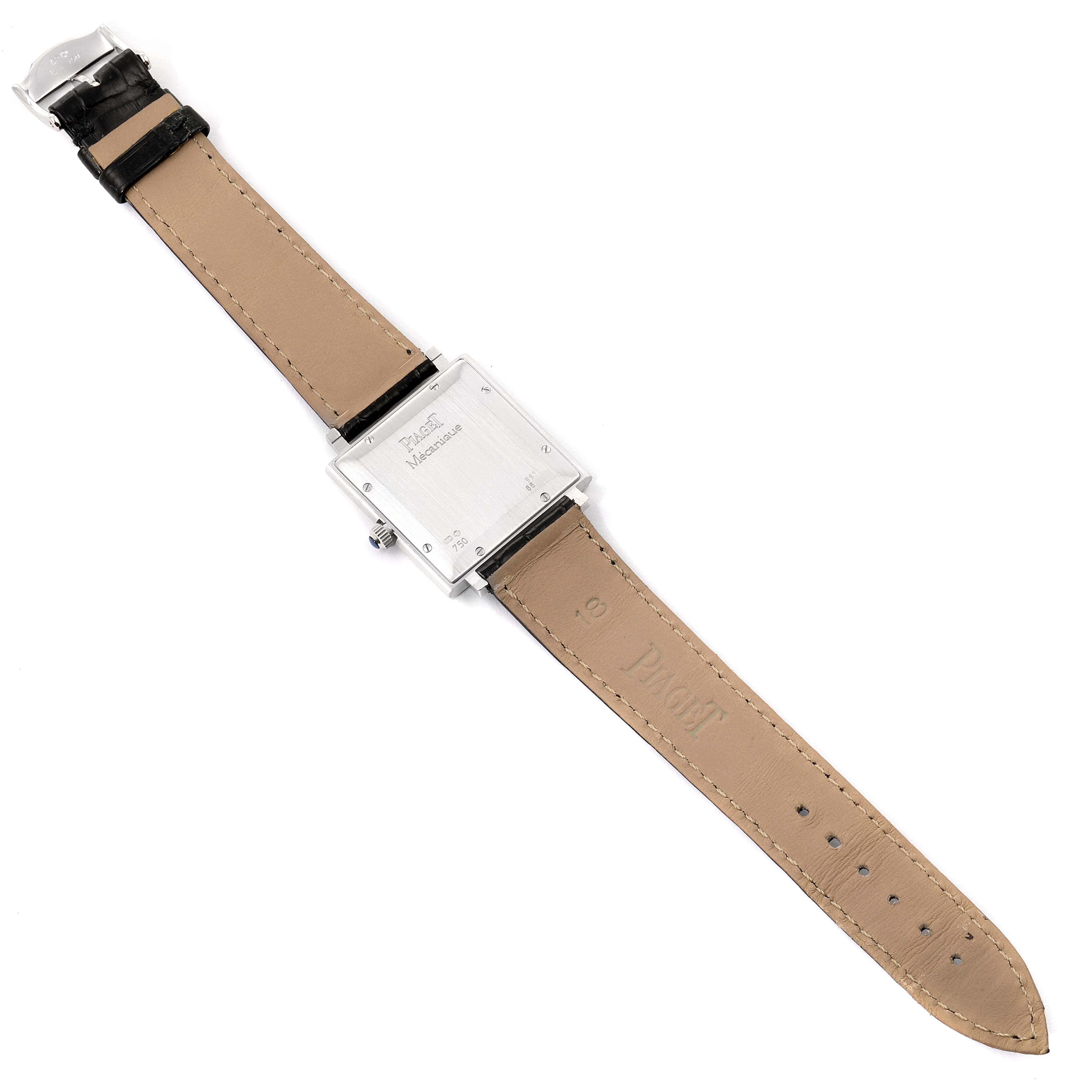 This image shows the back view of the Piaget 9930 Women's White Gold Black Dial 9930 Women's White Gold Black Dial Altiplano Ultra Thin 18K White Gold Black Dial Mens Watch 9930 model with its straps extended.