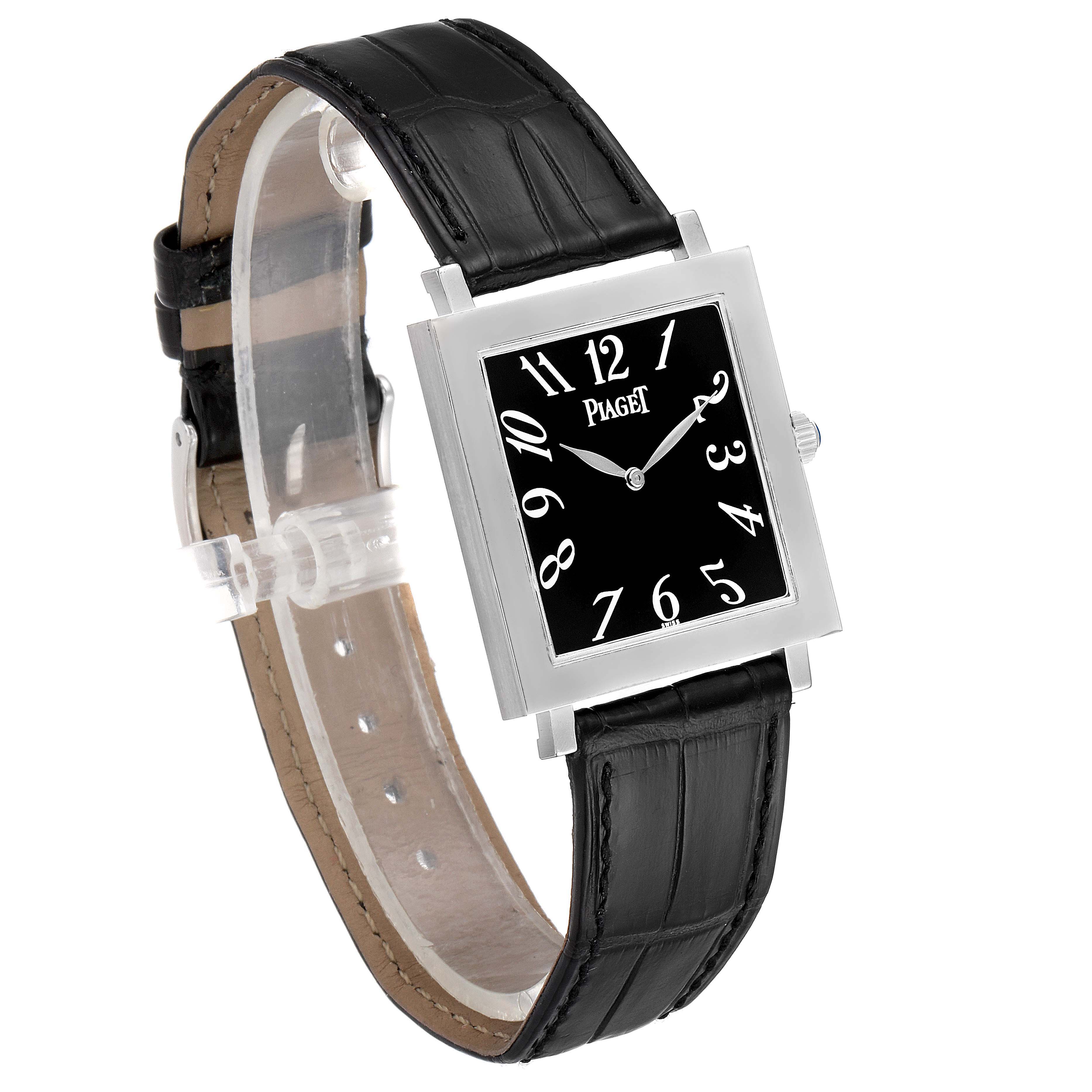 The image shows a Piaget 9930 Women's White Gold Black Dial 9930 Women's White Gold Black Dial Altiplano Ultra Thin 18K White Gold Black Dial Mens Watch 9930 from a front angle, highlighting the dial and strap.