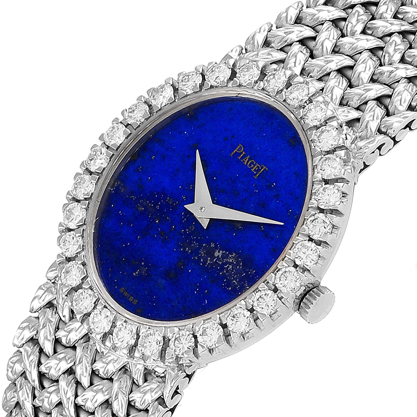 The image shows a close-up, angled view of the Piaget 9814 Women's White Gold Blue Dial 9814 Women's White Gold Blue Dial 9814 White Gold Lapis Lazuli Dial Diamond Vintage Cocktail Ladies Watch.