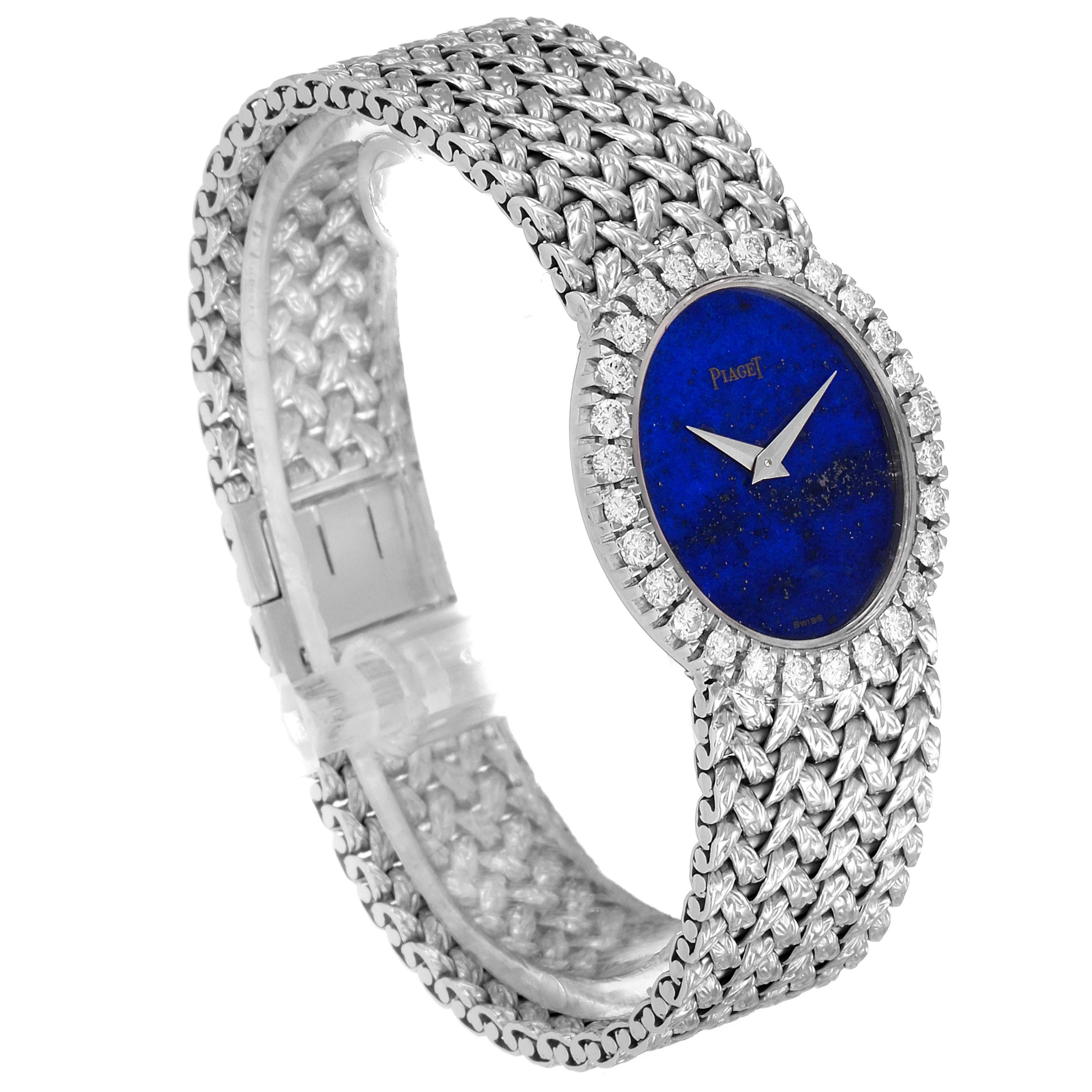The White Gold Lapis Lazuli Dial Diamond Vintage Cocktail Ladies Watch 9814 by Piaget 9814 Women's White Gold Blue Dial 9814 Women's White Gold Blue Dial is shown at a slight angle, highlighting the dial, bezel, and bracelet.