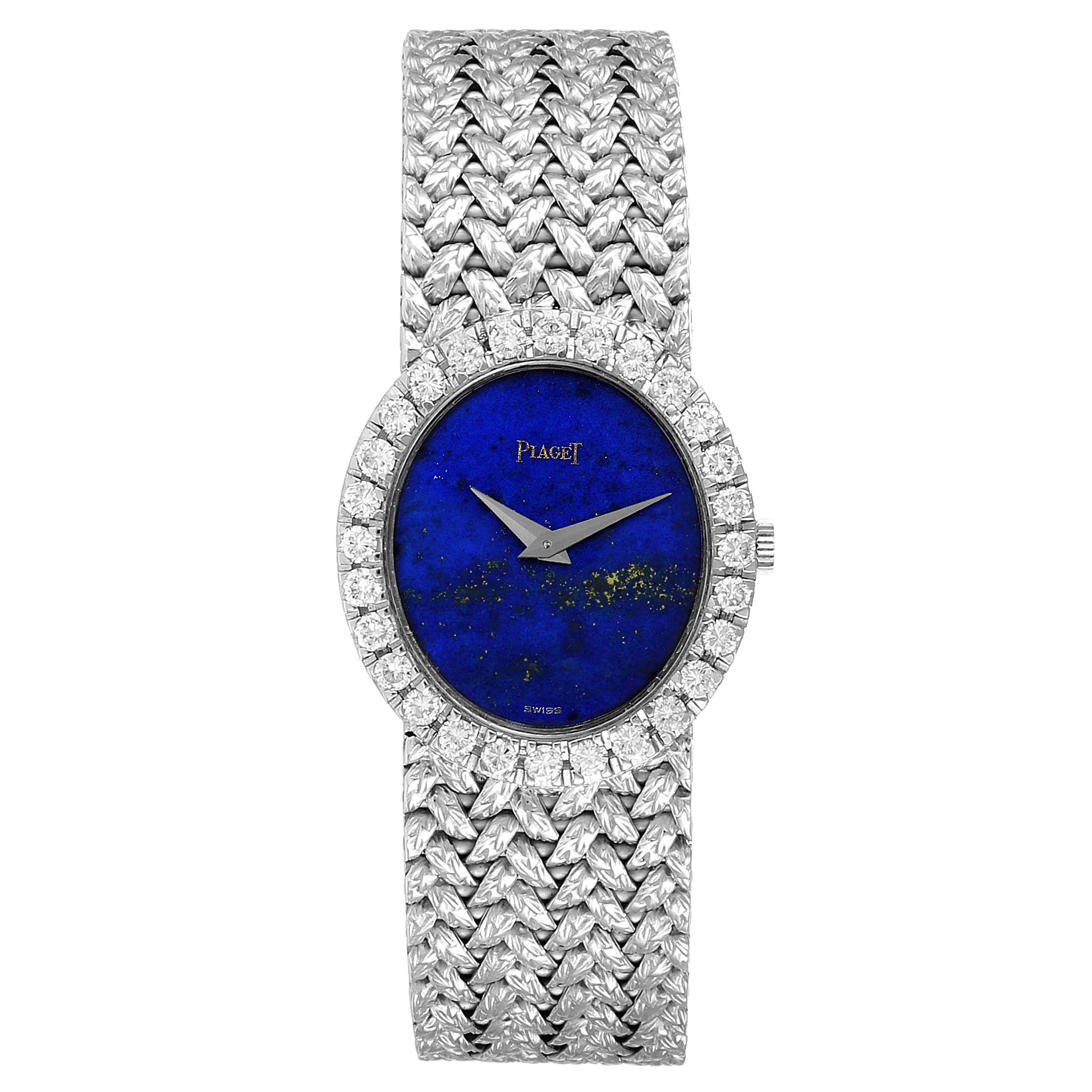 The image shows a front view of the Piaget 9814 Women's White Gold Blue Dial 9814 Women's White Gold Blue Dial 9814 White Gold Lapis Lazuli Dial Diamond Vintage Cocktail Ladies Watch, displaying the dial and bracelet.