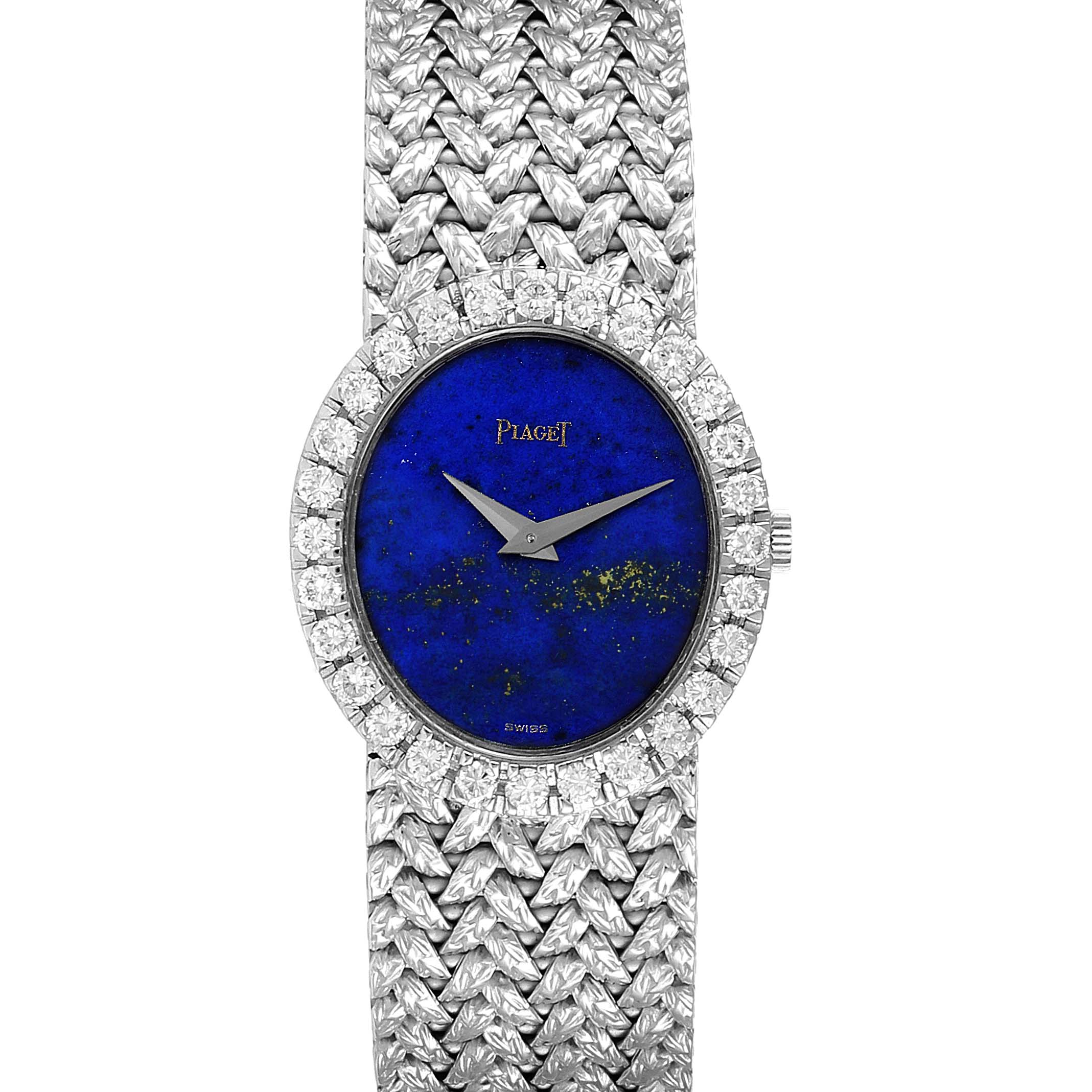 The image shows a frontal view of the Piaget 9814 Women's White Gold Blue Dial 9814 Women's White Gold Blue Dial 9814 White Gold Lapis Lazuli Dial Diamond Vintage Cocktail Ladies Watch, highlighting its dial and bracelet.