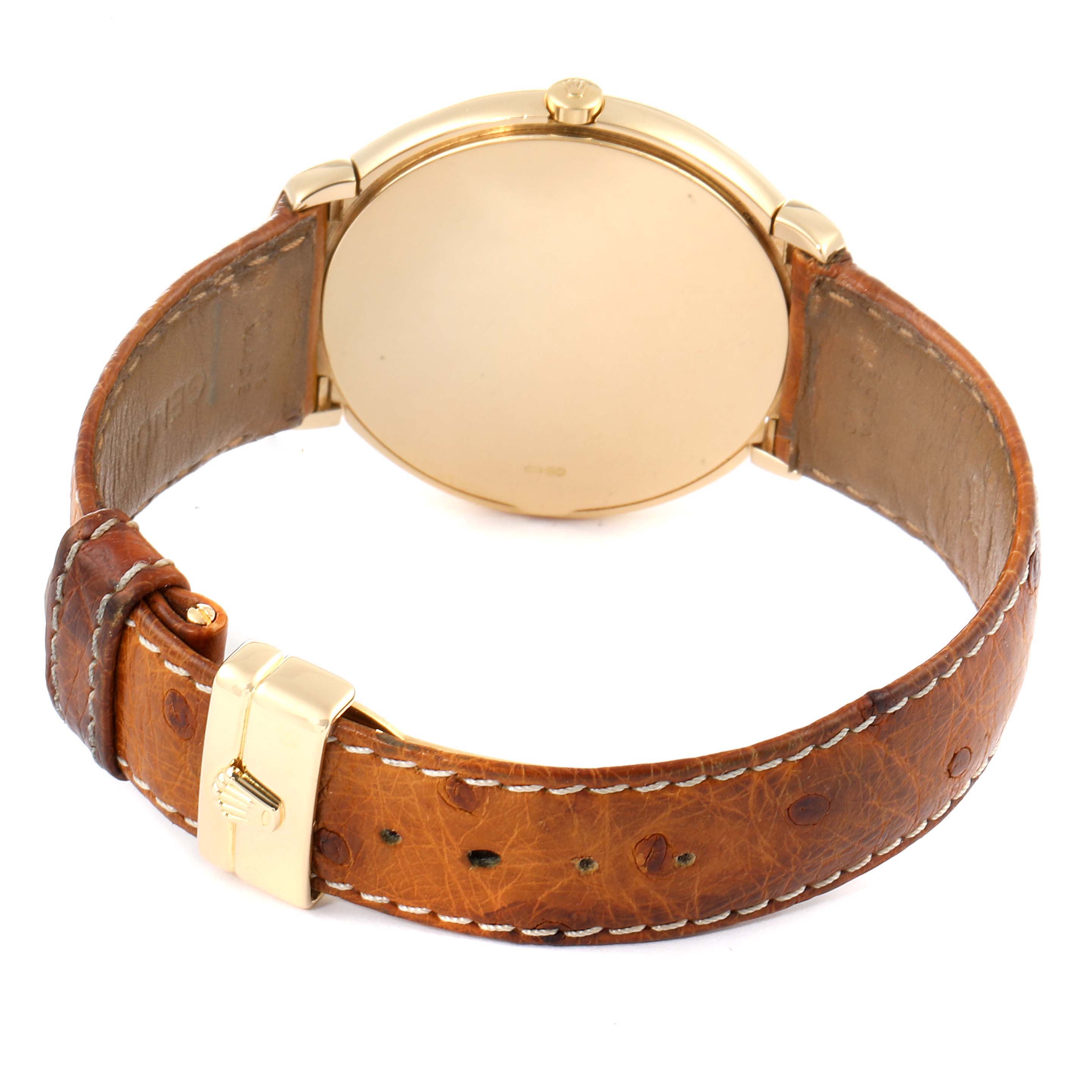 This image shows the back and clasp of a Rolex Cellini 6623 Men's Yellow Gold White Dial 6623 Men's Yellow Gold White Dial watch with a brown leather strap.