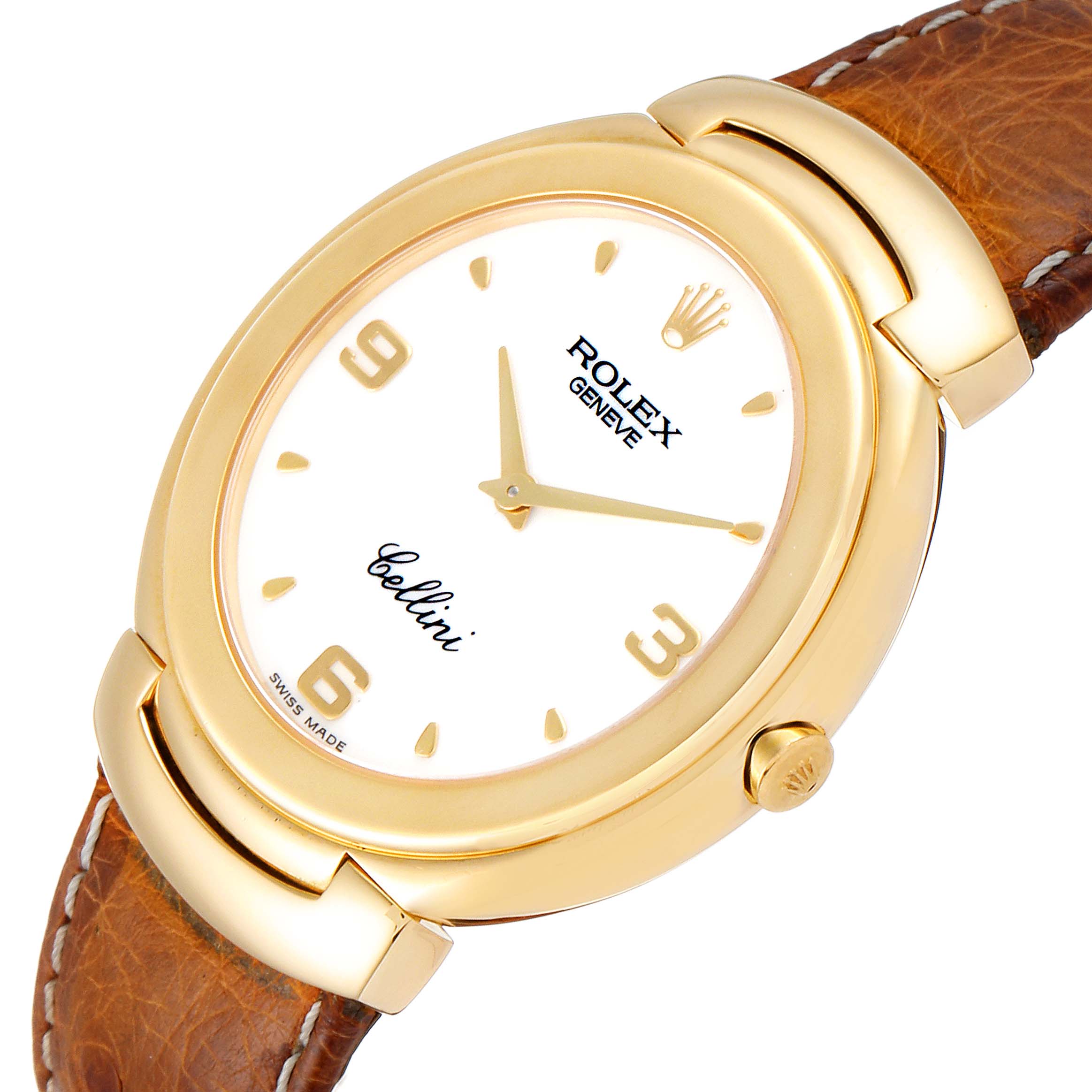 This image shows a Rolex Cellini 6623 Men's Yellow Gold White Dial 6623 Men's Yellow Gold White Dial watch from a slight angle, highlighting the face, gold casing, and brown leather band.