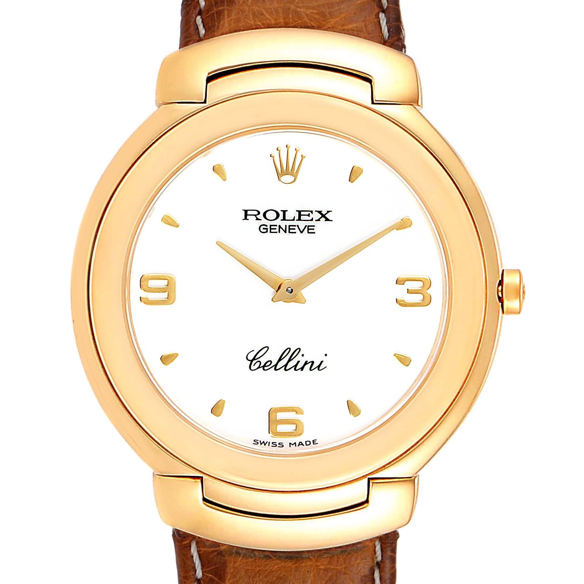 This image shows a front view of the Rolex Cellini 6623 Men's Yellow Gold White Dial 6623 Men's Yellow Gold White Dial watch with a white dial, gold case, and brown leather strap.