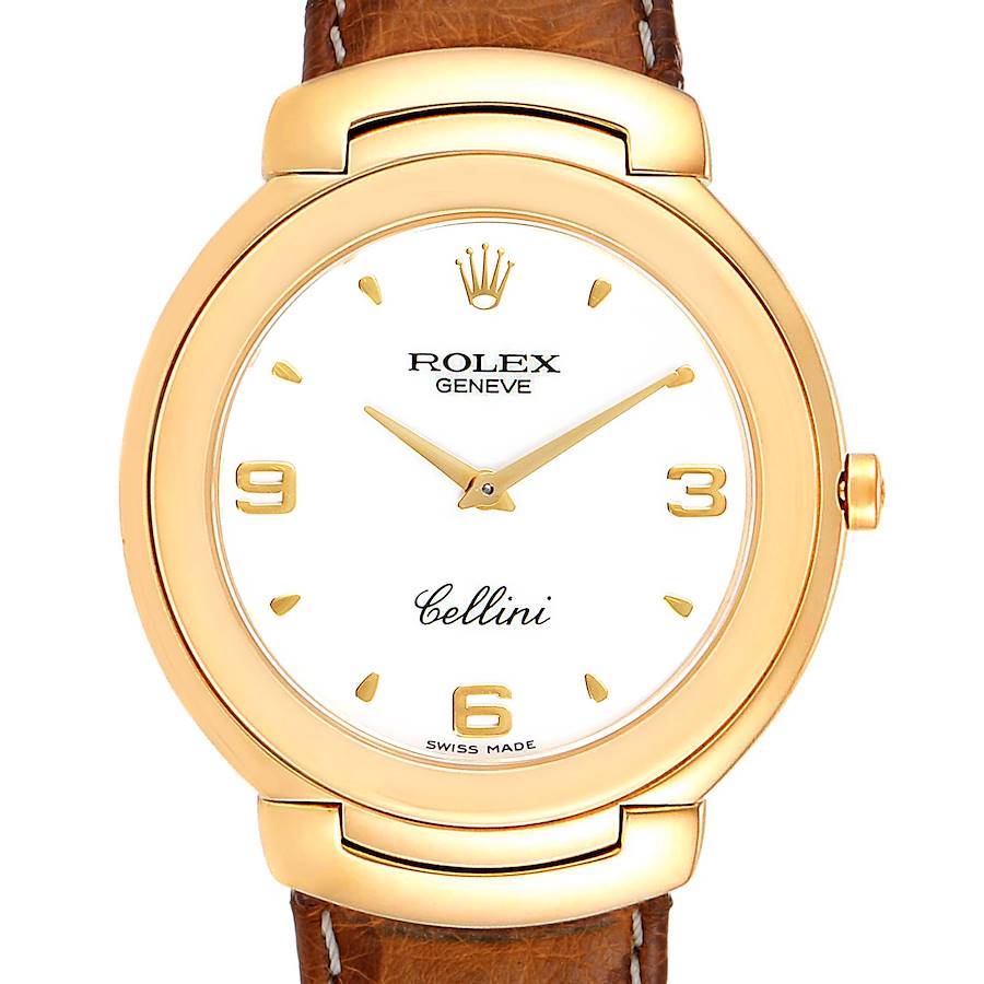 Rolex Cellini 18k Yellow Gold White Dial Brown Strap Mens Watch 6623 SwissWatchExpo