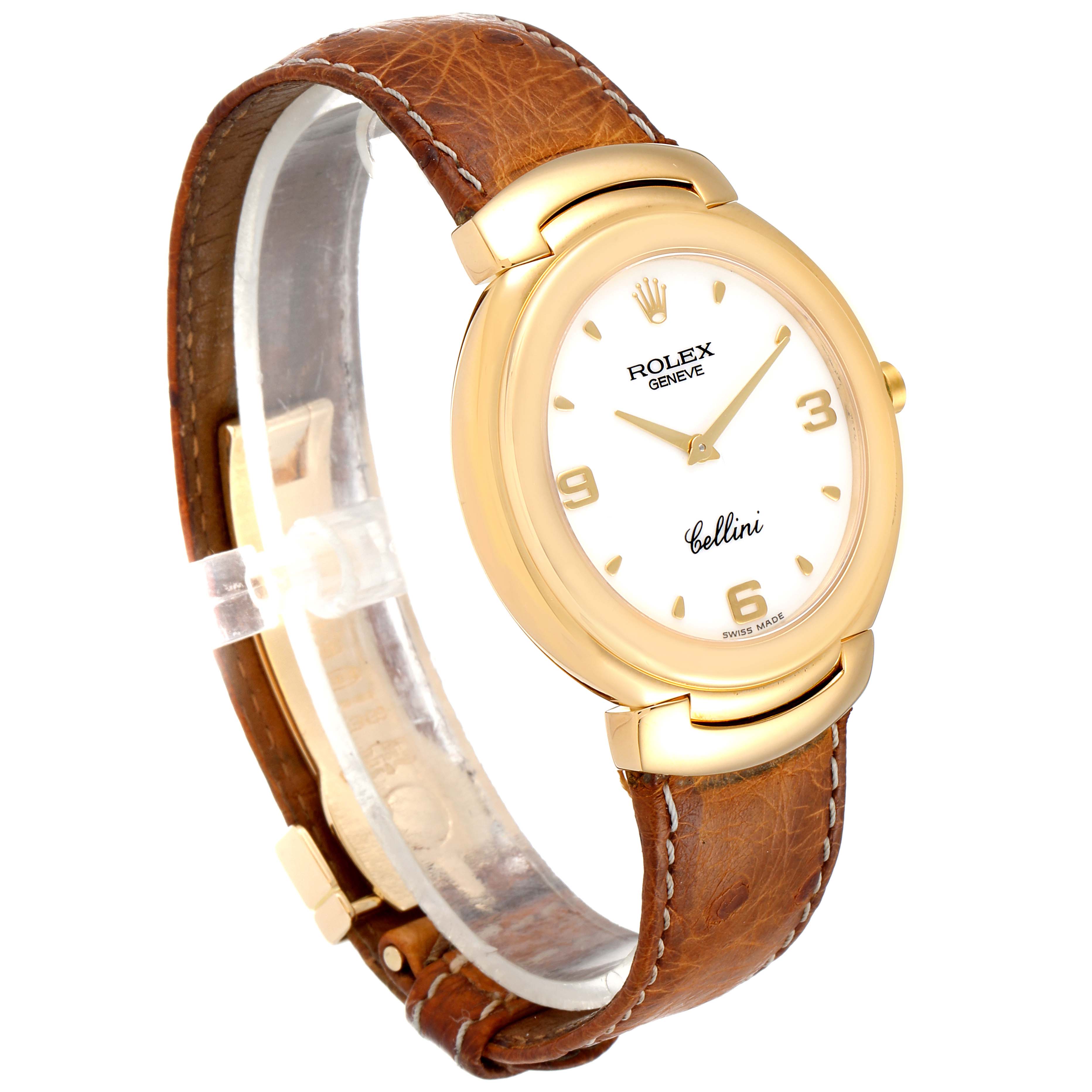 The Rolex Cellini 6623 Men's Yellow Gold White Dial 6623 Men's Yellow Gold White Dial watch is shown at a slight angle to the right, displaying its gold case, white dial, and brown leather strap.