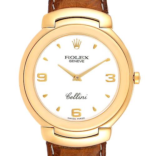 Photo of Rolex Cellini 18k Yellow Gold White Dial Brown Strap Mens Watch 6623