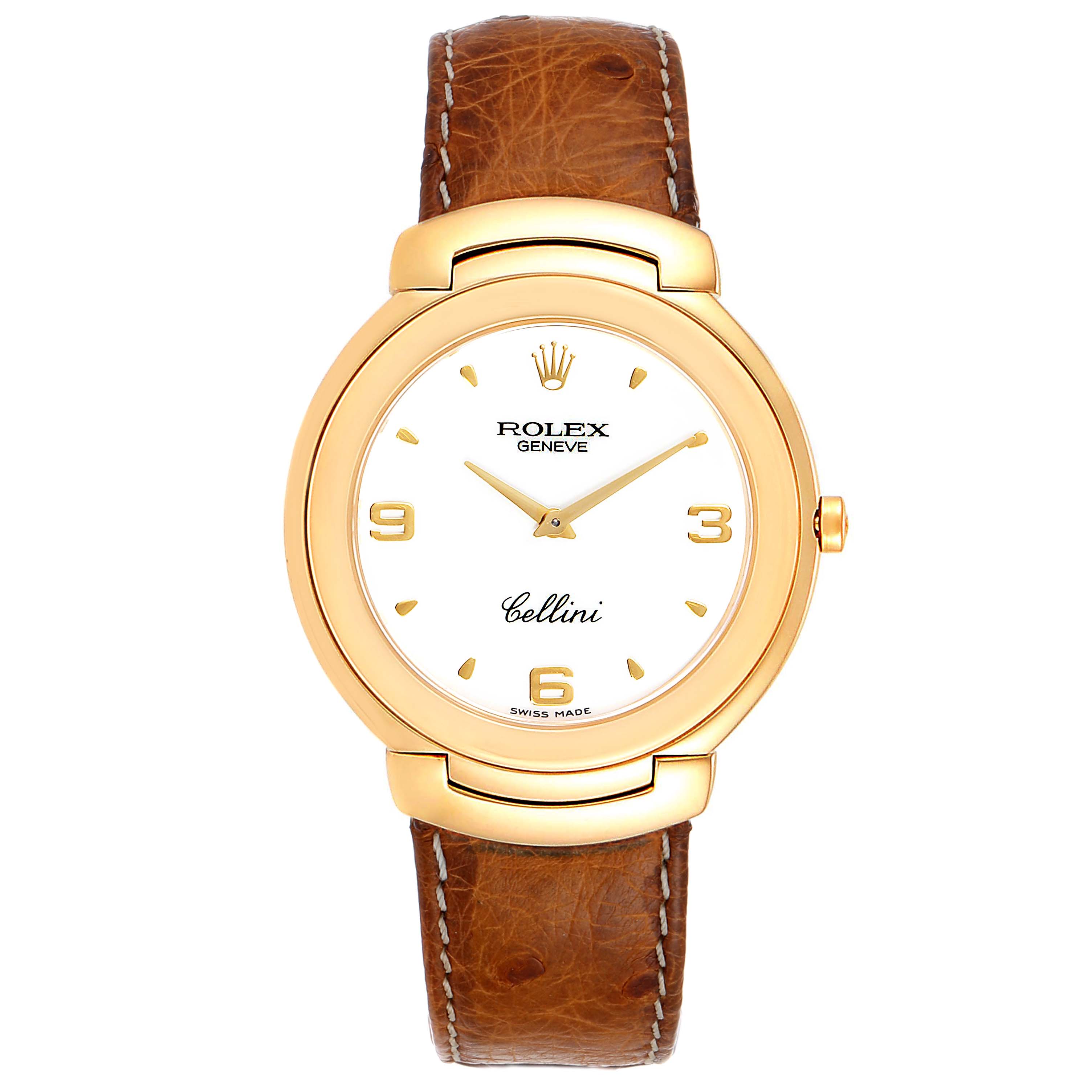 The image shows a frontal view of the Rolex Cellini 6623 Men's Yellow Gold White Dial 6623 Men's Yellow Gold White Dial watch, including its brown leather strap, gold case, and white dial.
