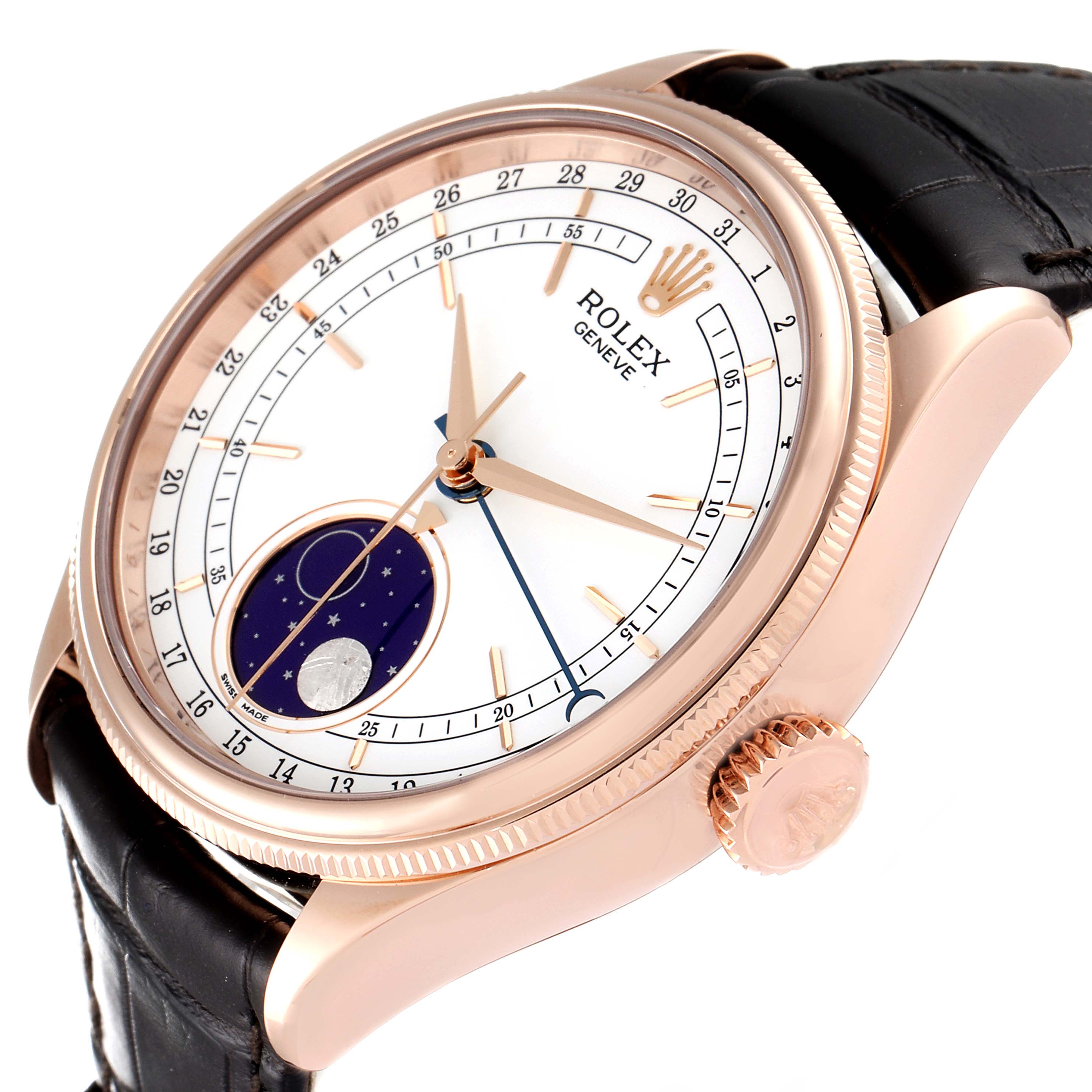 This image shows a side and partial front angle of the Rolex Cellini 50535 Men's Rose Gold White Dial 50535 Men's Rose Gold White Dial watch, highlighting the face, crown, and leather strap.