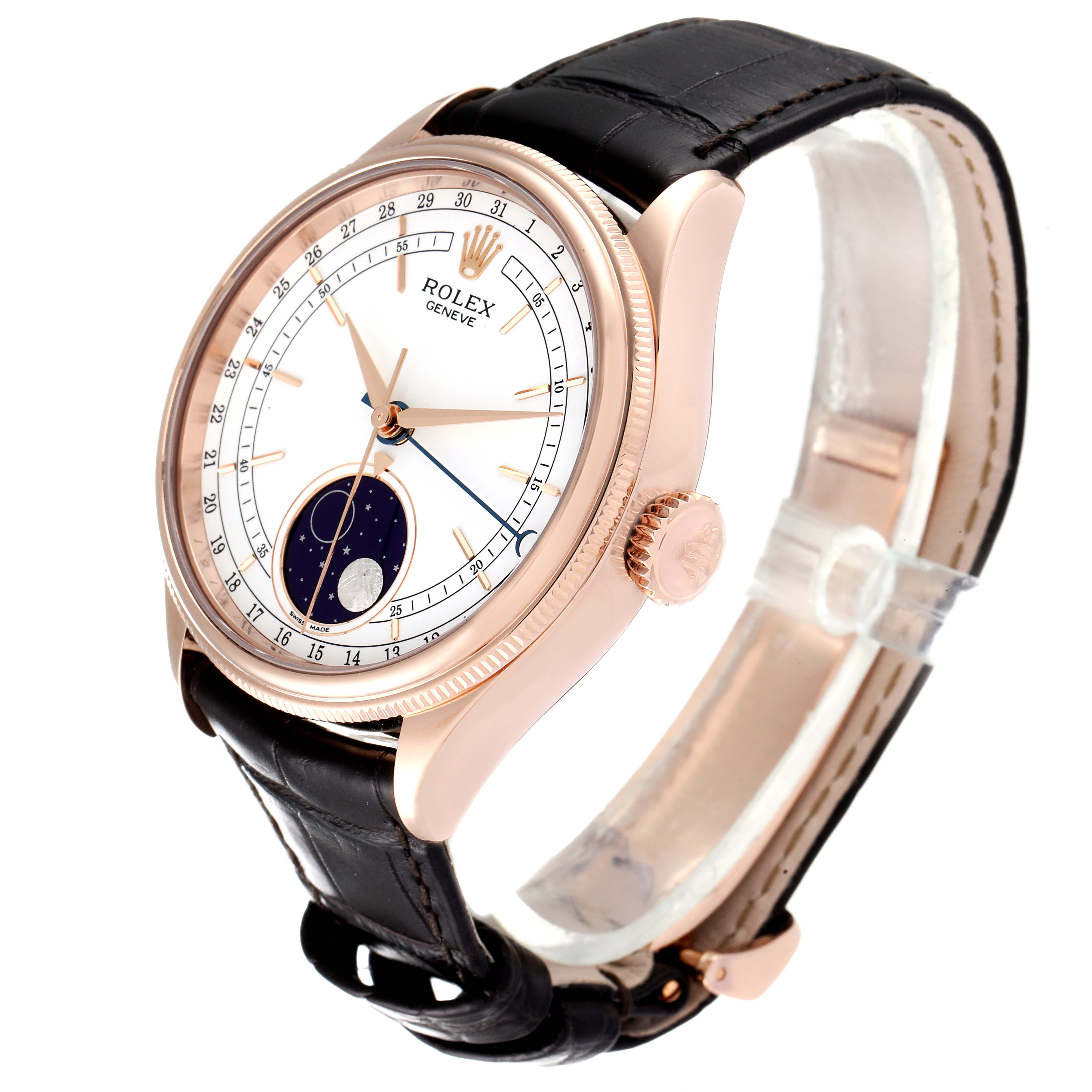 The image shows a Rolex Cellini 50535 Men's Rose Gold White Dial 50535 Men's Rose Gold White Dial watch at a three-quarter angle, highlighting the crown, case, dial, and leather strap.
