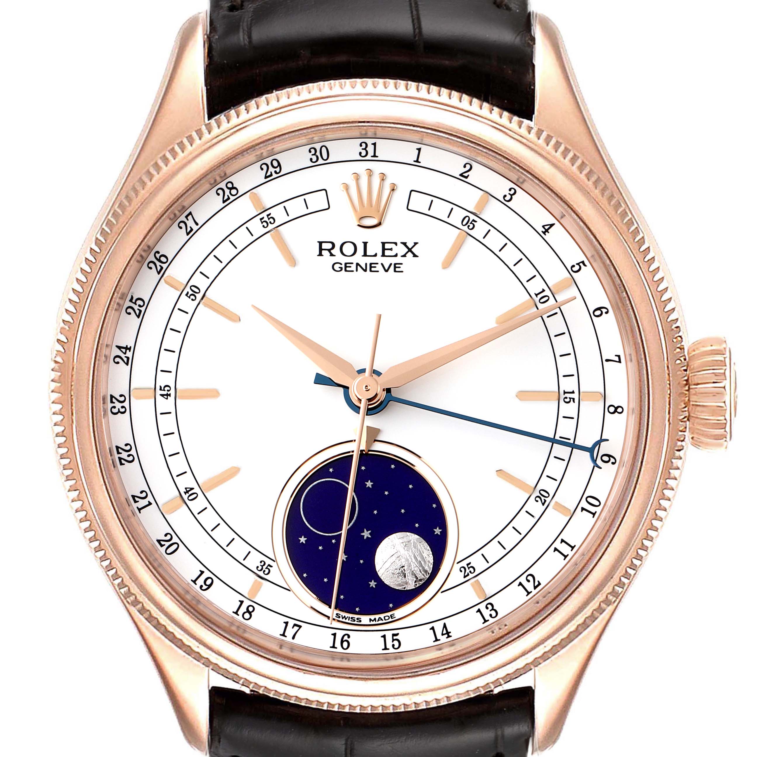 This image shows a frontal view of the Rolex Cellini 50535 Men's Rose Gold White Dial 50535 Men's Rose Gold White Dial watch, including its dial, hands, and moonphase display.