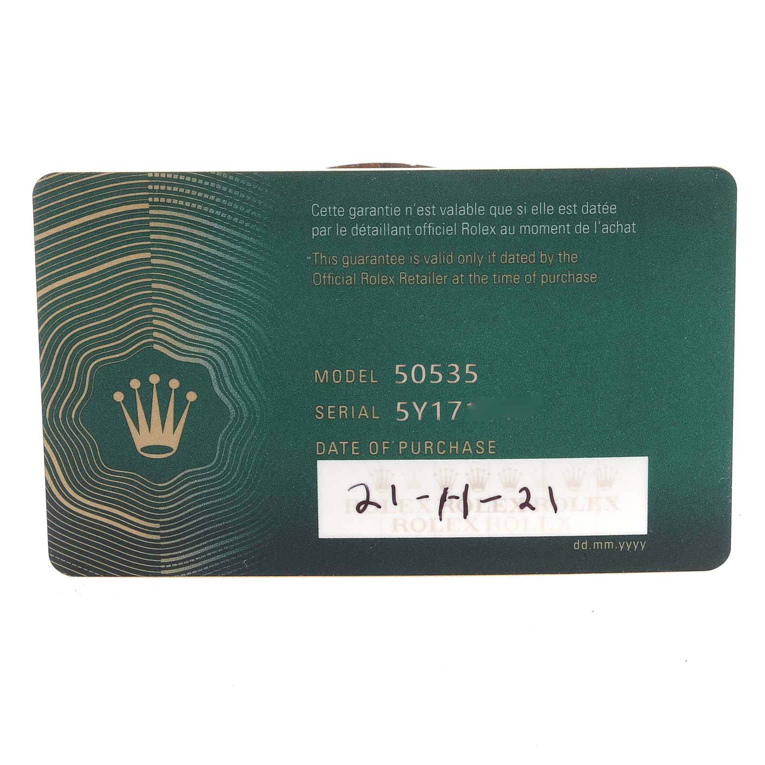 This image shows the warranty card for the Rolex Cellini 50535 Men's Rose Gold White Dial 50535 Men's Rose Gold White Dial model 50535, including its serial number and date of purchase.