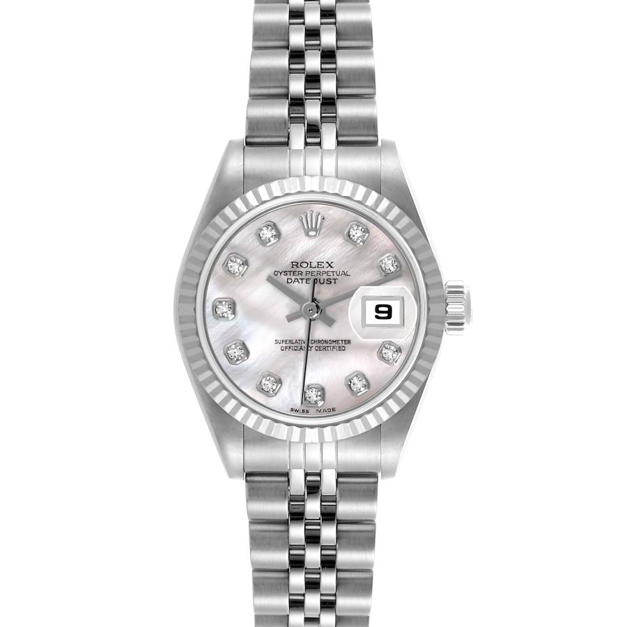 The Rolex Datejust watch is shown from the front, displaying the dial, bezel, bracelet, and date window.