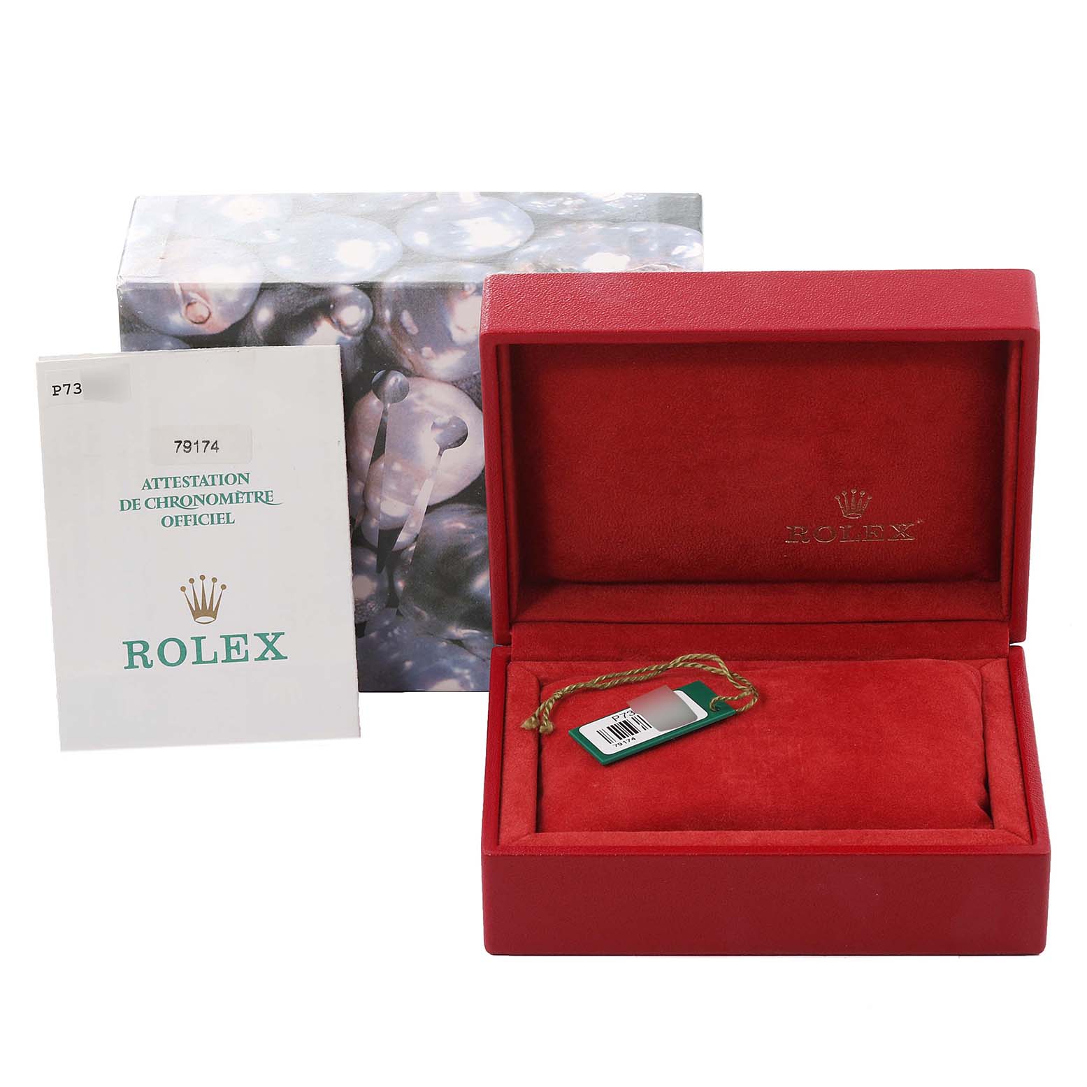 The image shows a red Rolex Datejust 79174 Women's Stainless Steel Silver Dial 79174 Women's Stainless Steel Silver Dial watch box, a certificate, and an outer box, but the watch itself is not visible.